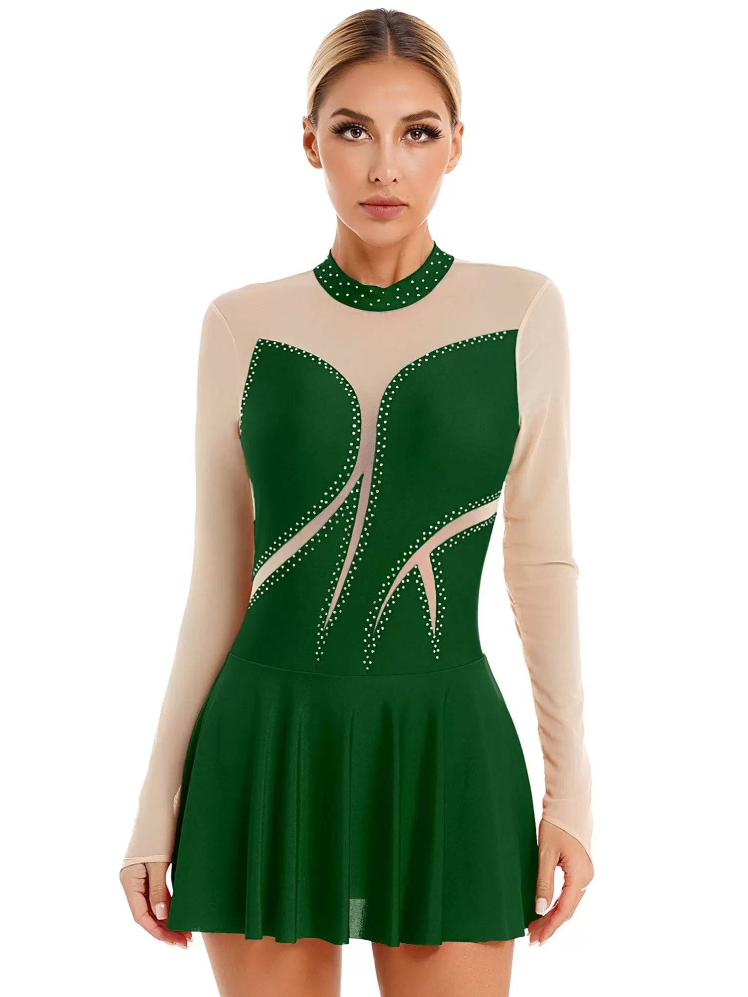 Women Glitter Rhinestone Long Sleeve Figure Skating Dress