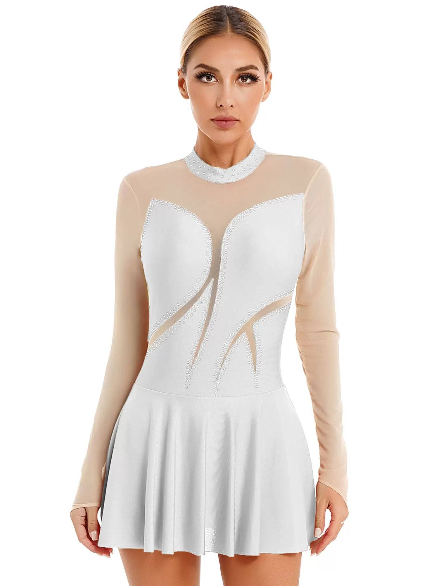 Women Glitter Rhinestone Long Sleeve Figure Skating Dress