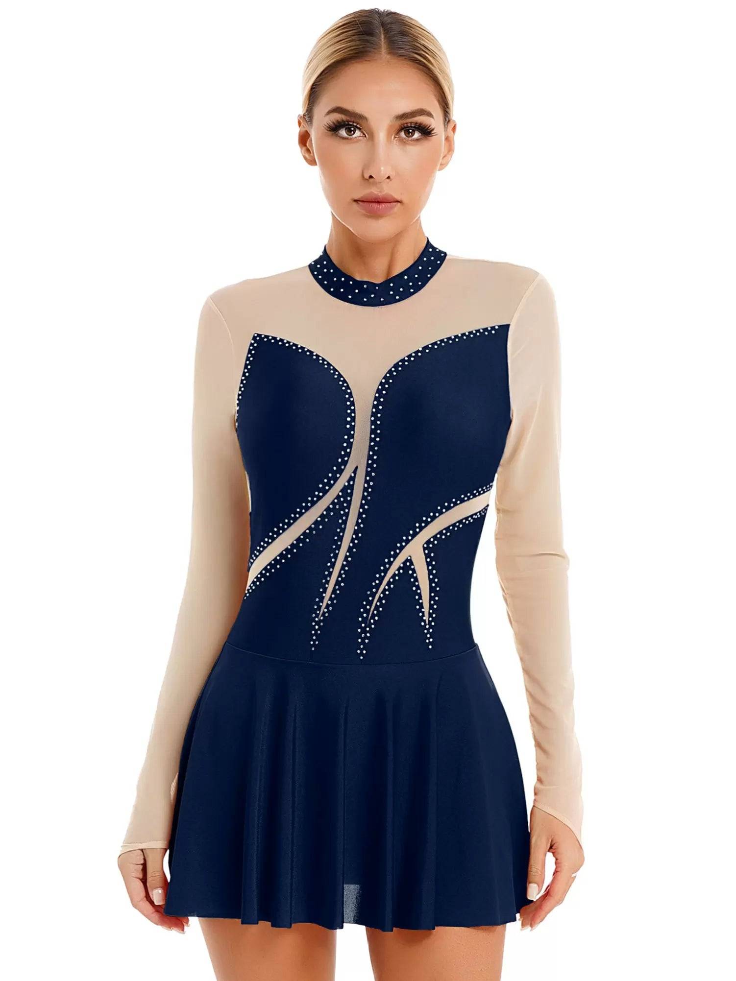 Women Glitter Rhinestone Long Sleeve Figure Skating Dress