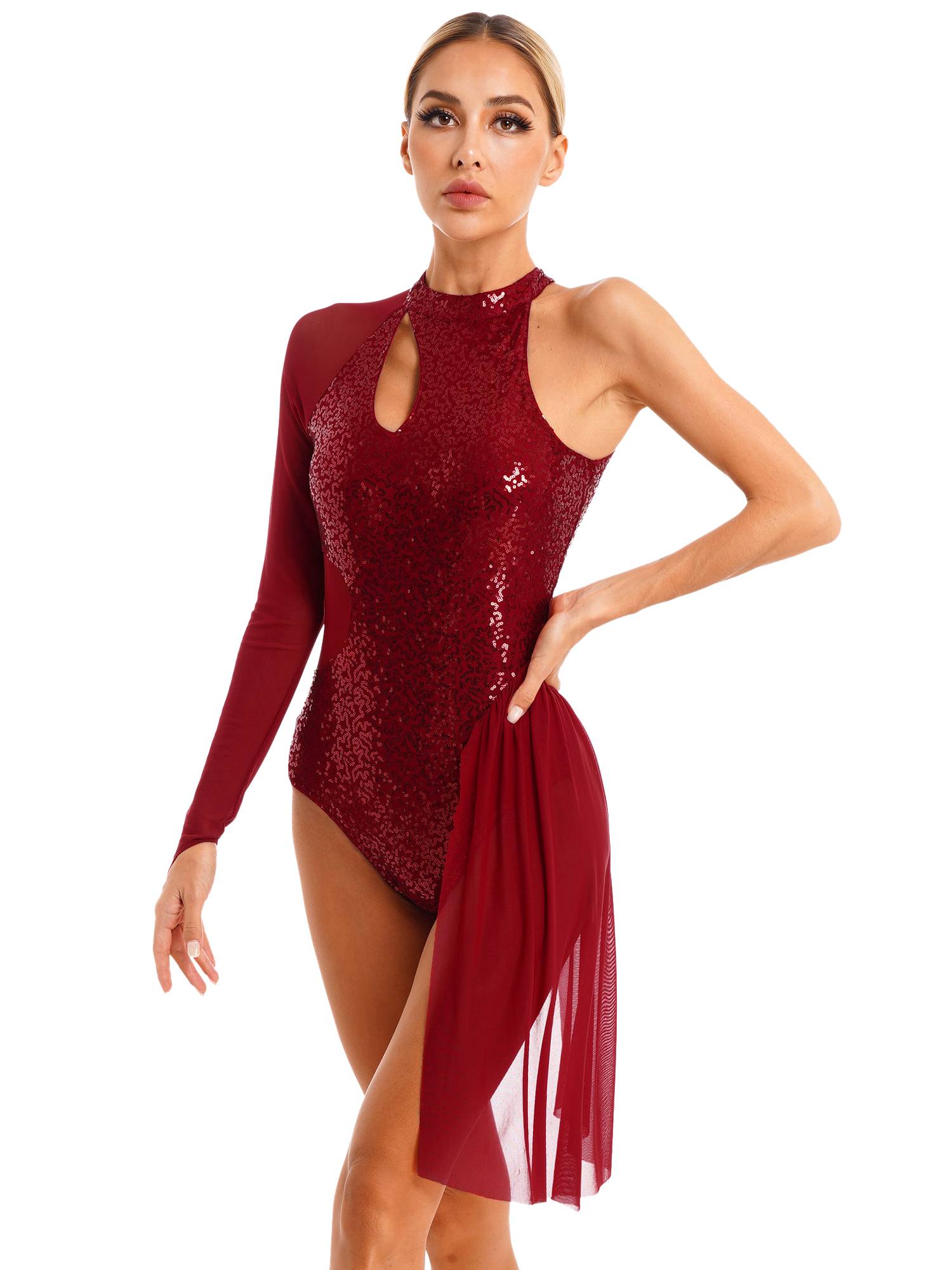 Women Glitter Sequins One Shoulder Figure Skating Leotard