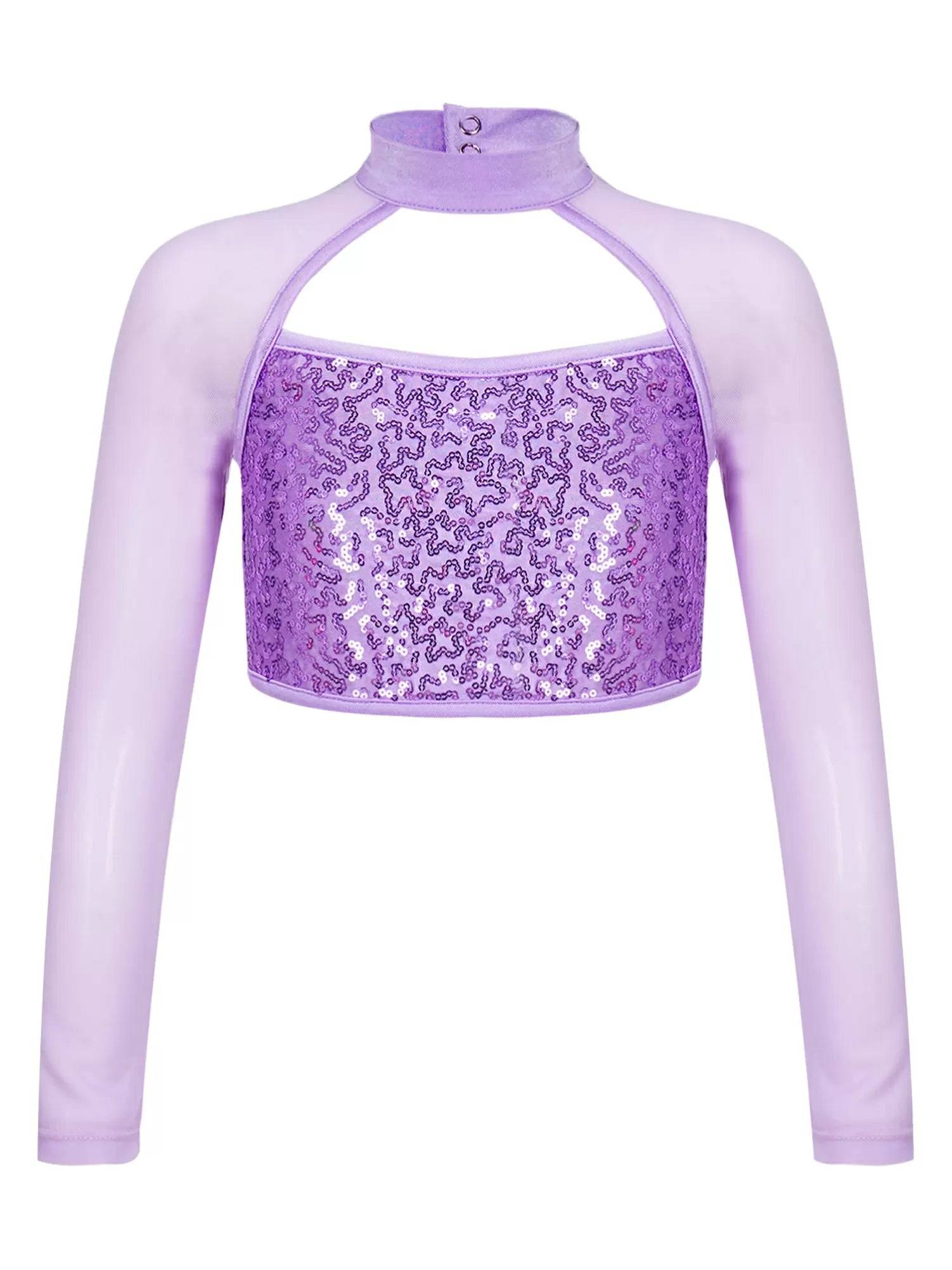 Kids Girls Long Sleeve Hollow Sequin Jazz Dance Crop Top