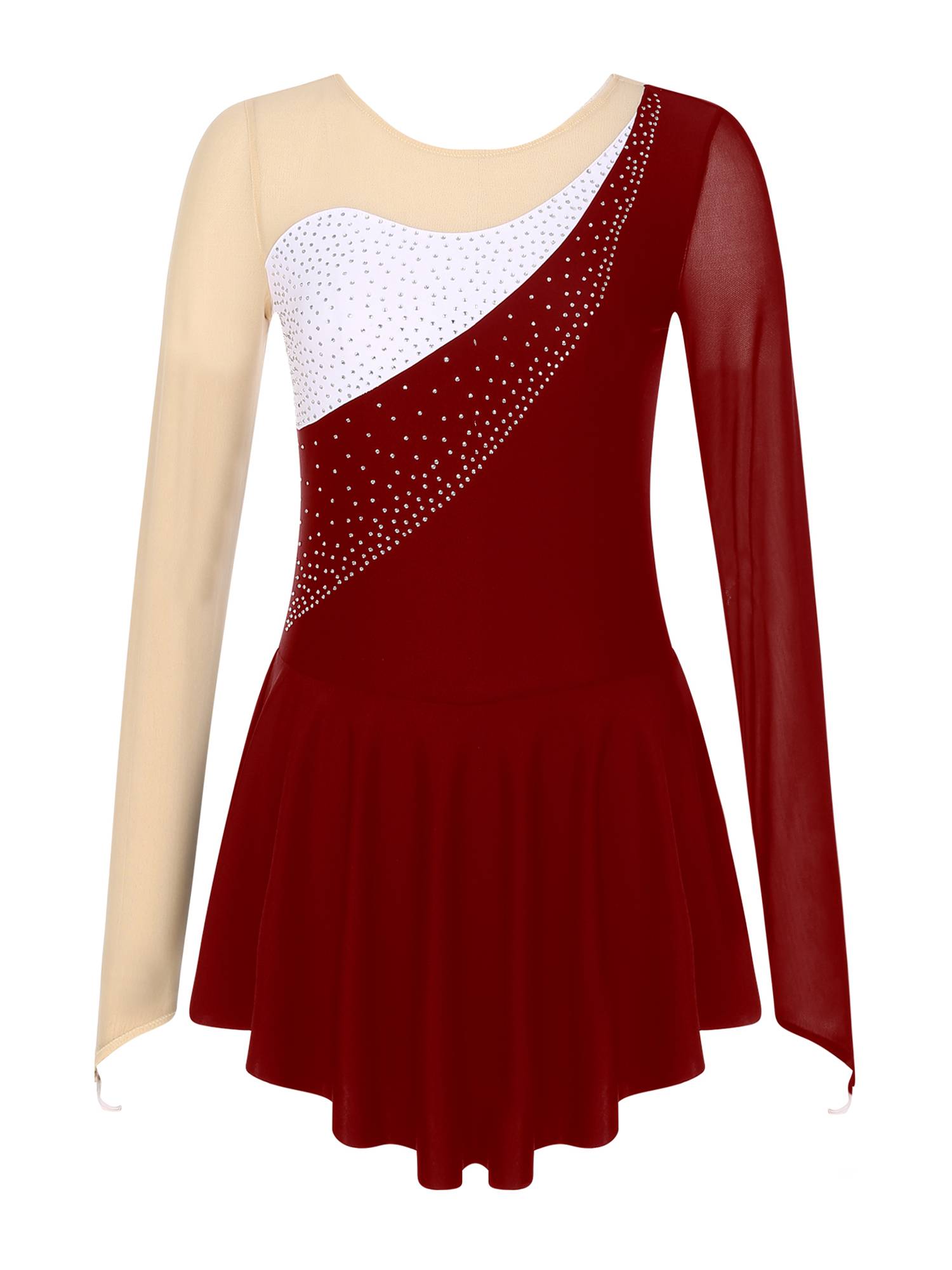 Women Sparkling Rhinestone Long Sleeve Figure Skating Leotard Dress