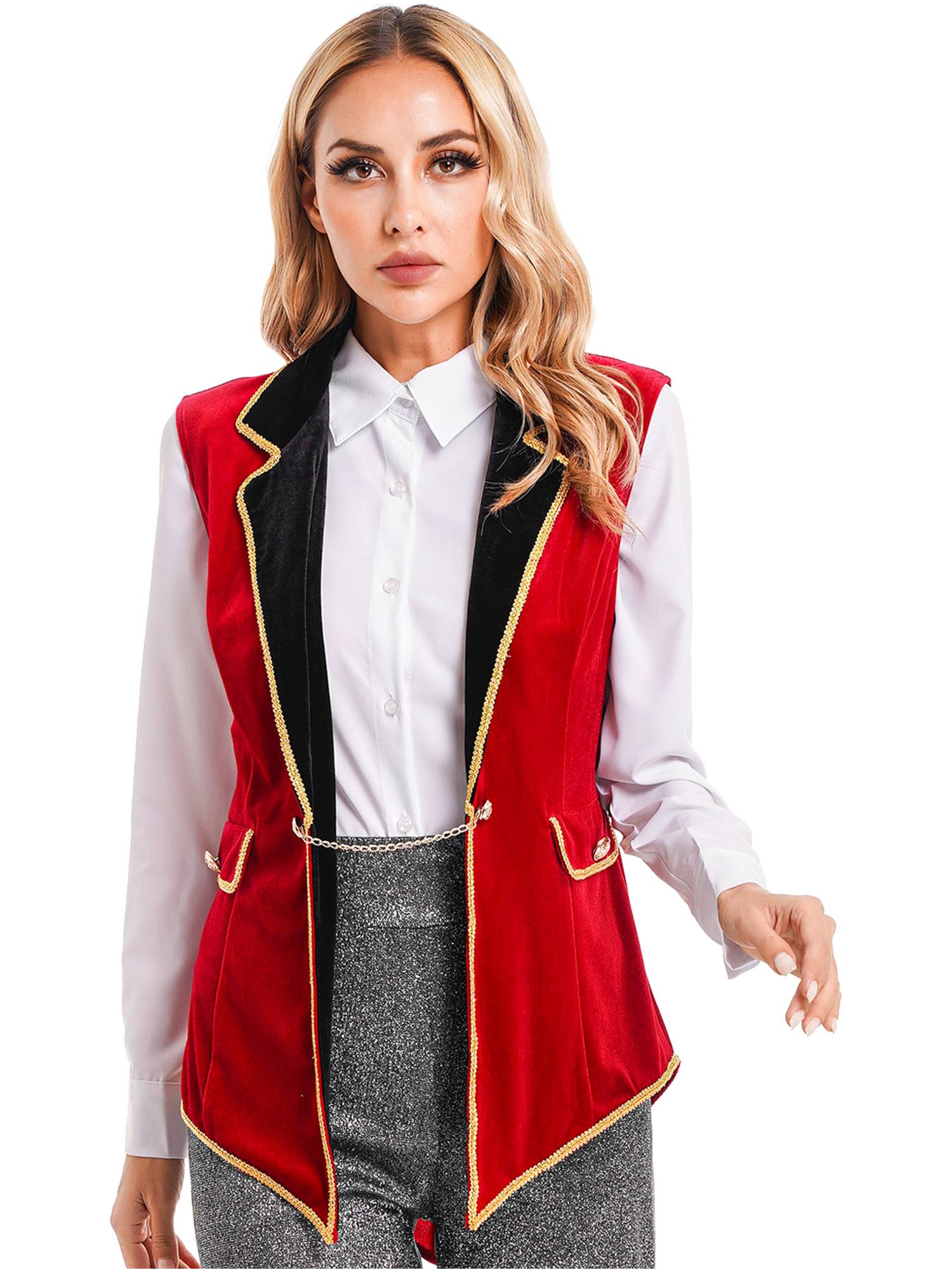 Women Halloween Circus Ringmaster Lapel Sleeveless Velvet Jacket