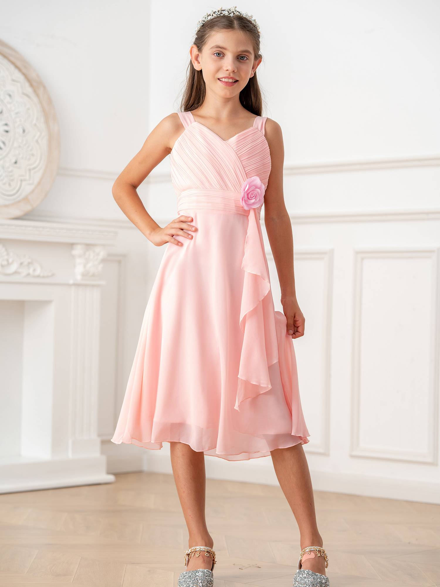 Kids Girls V Neck Sleeveless Ruched Bodice Chiffon Junior Bridesmaid Dress