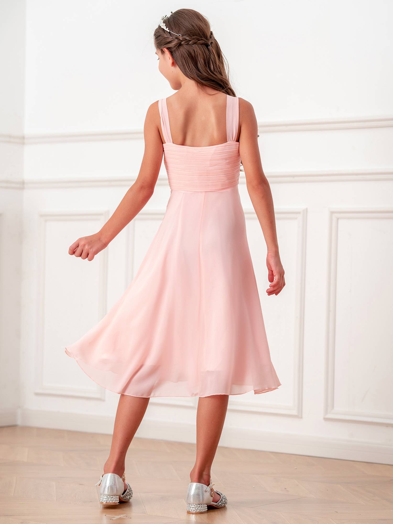 Kids Girls V Neck Sleeveless Ruched Bodice Chiffon Junior Bridesmaid Dress