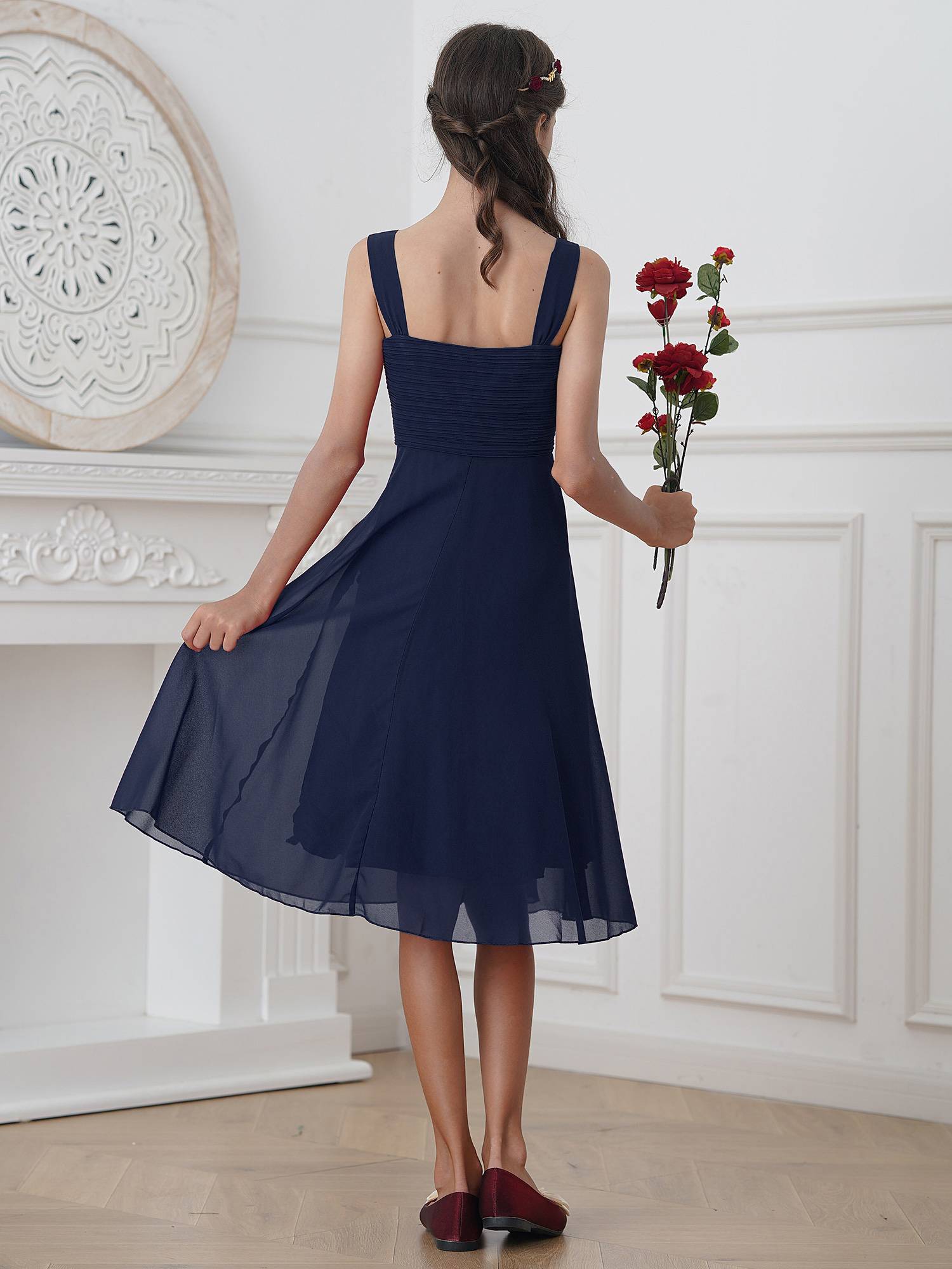 Kids Girls V Neck Sleeveless Ruched Bodice Chiffon Junior Bridesmaid Dress