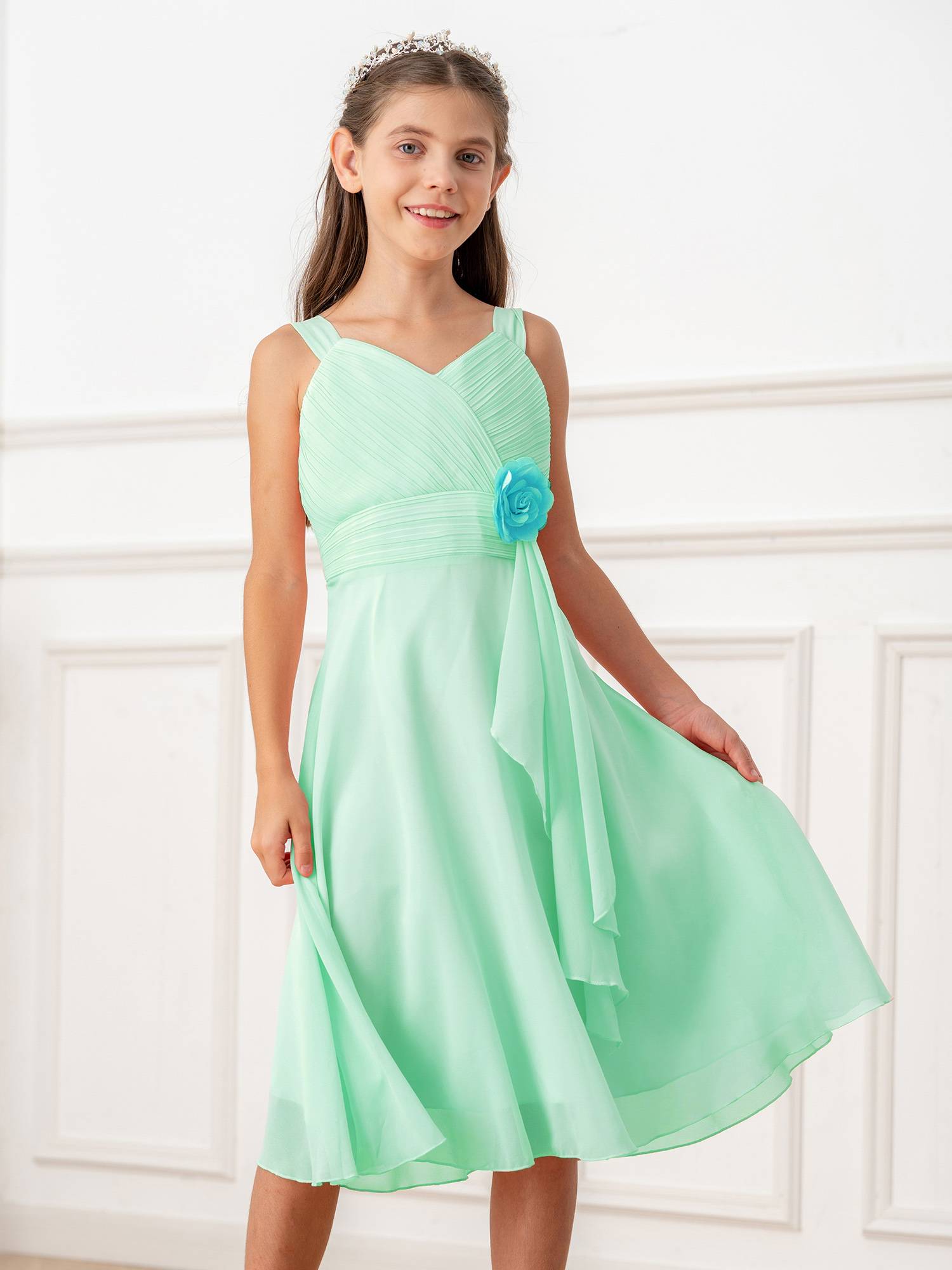 Kids Girls V Neck Sleeveless Ruched Bodice Chiffon Junior Bridesmaid Dress