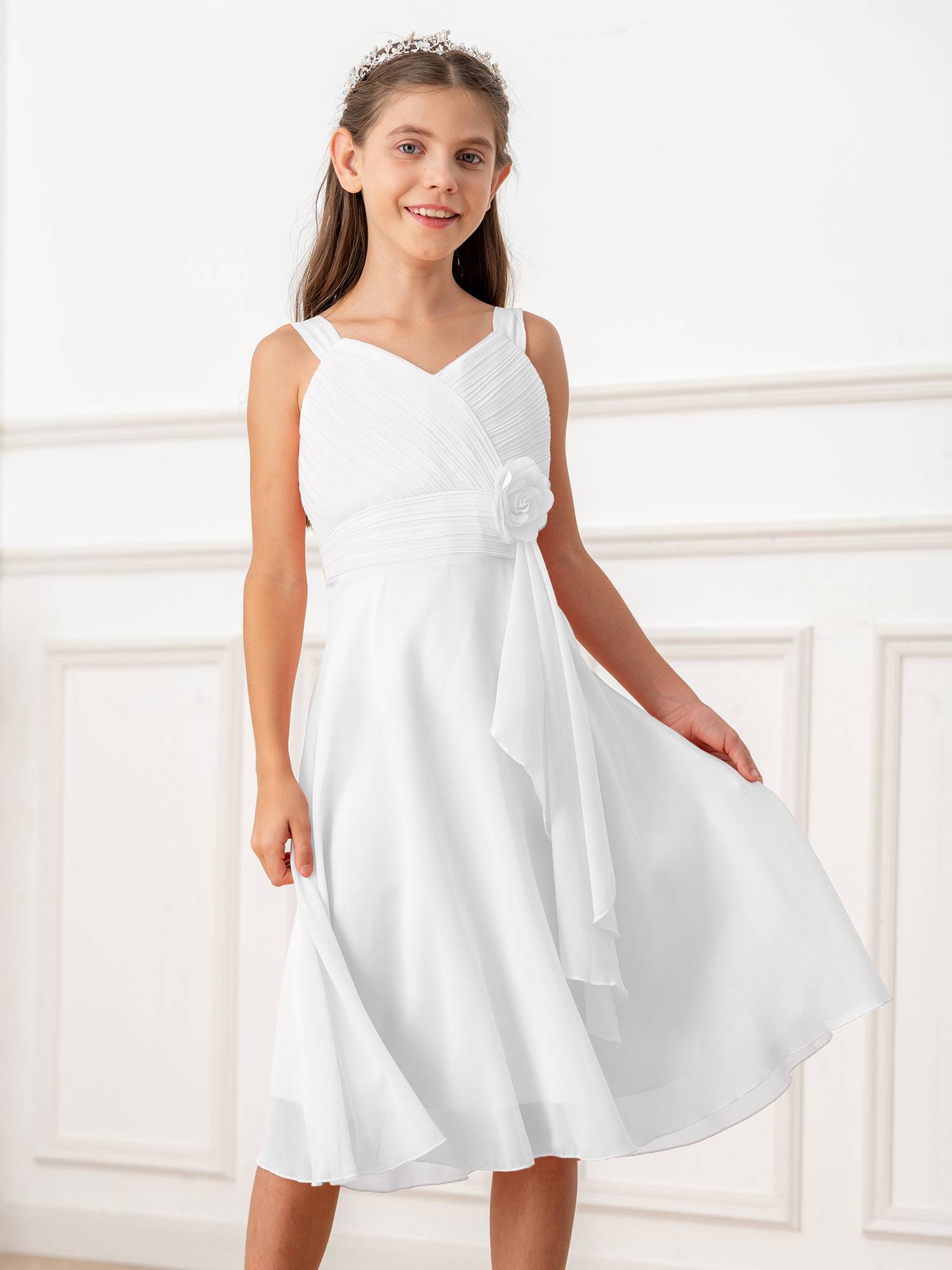 Kids Girls V Neck Sleeveless Ruched Bodice Chiffon Junior Bridesmaid Dress