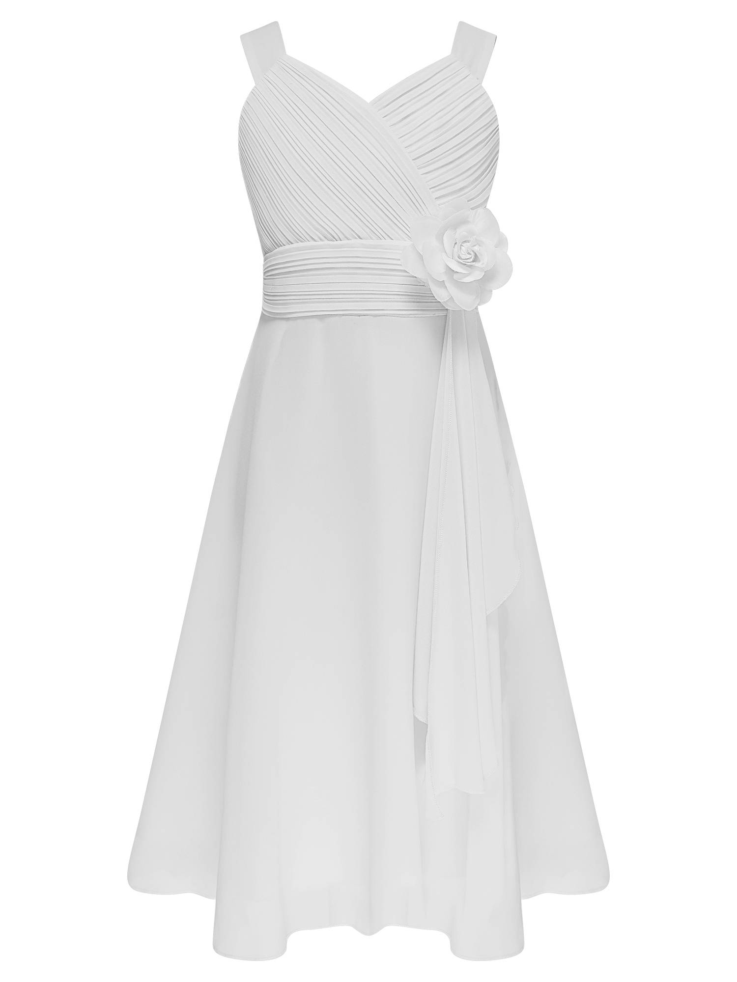 Kids Girls V Neck Sleeveless Ruched Bodice Chiffon Junior Bridesmaid Dress