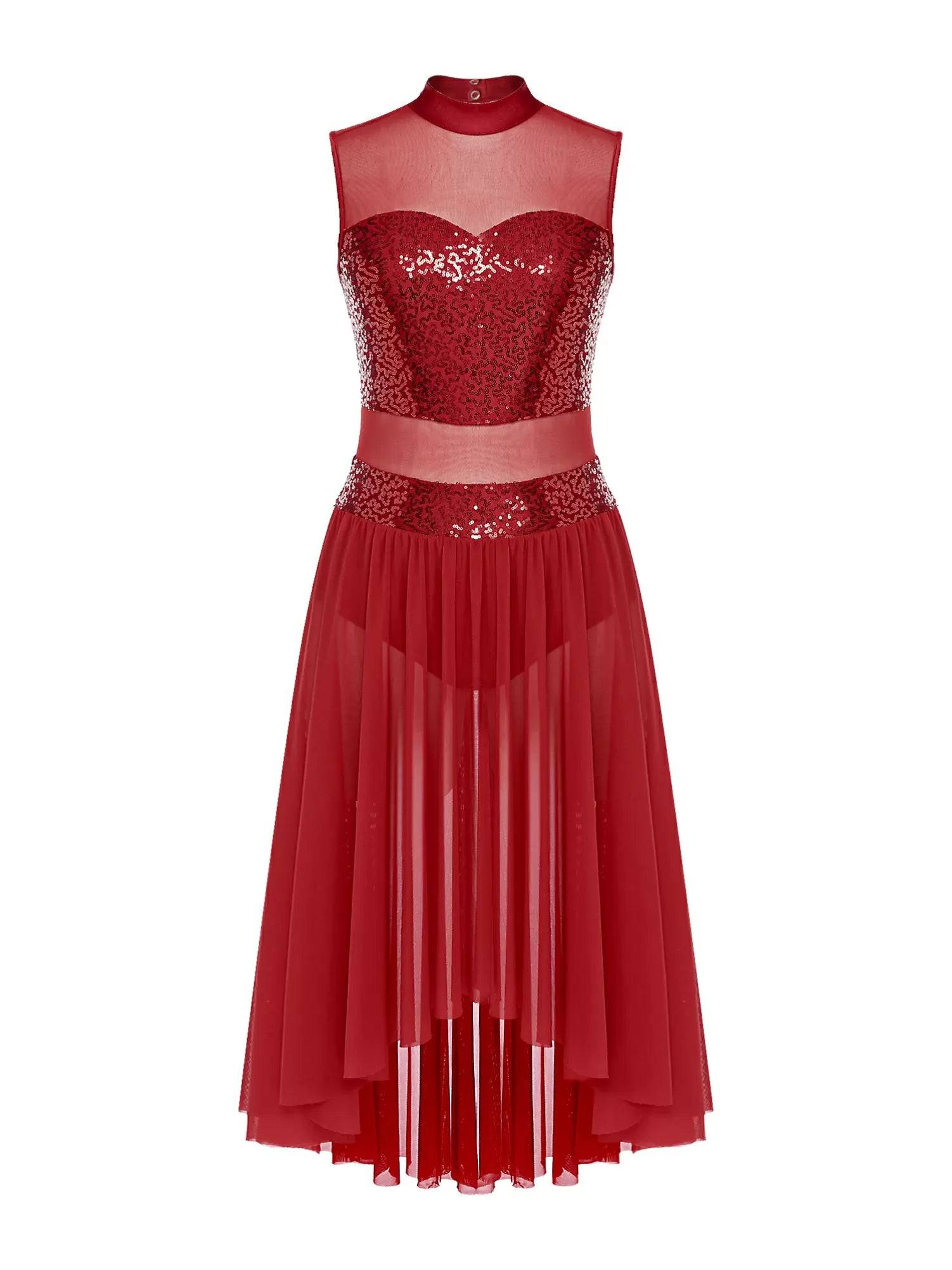 Women Sparkly Sequins Backless Dress Lyrical Dance Leotard Dress