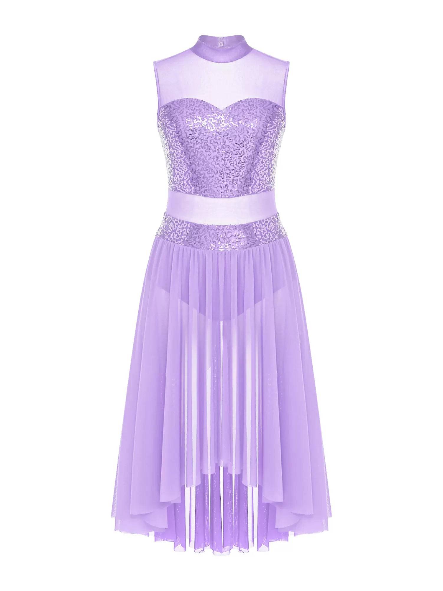 Women Sparkly Sequins Backless Dress Lyrical Dance Leotard Dress