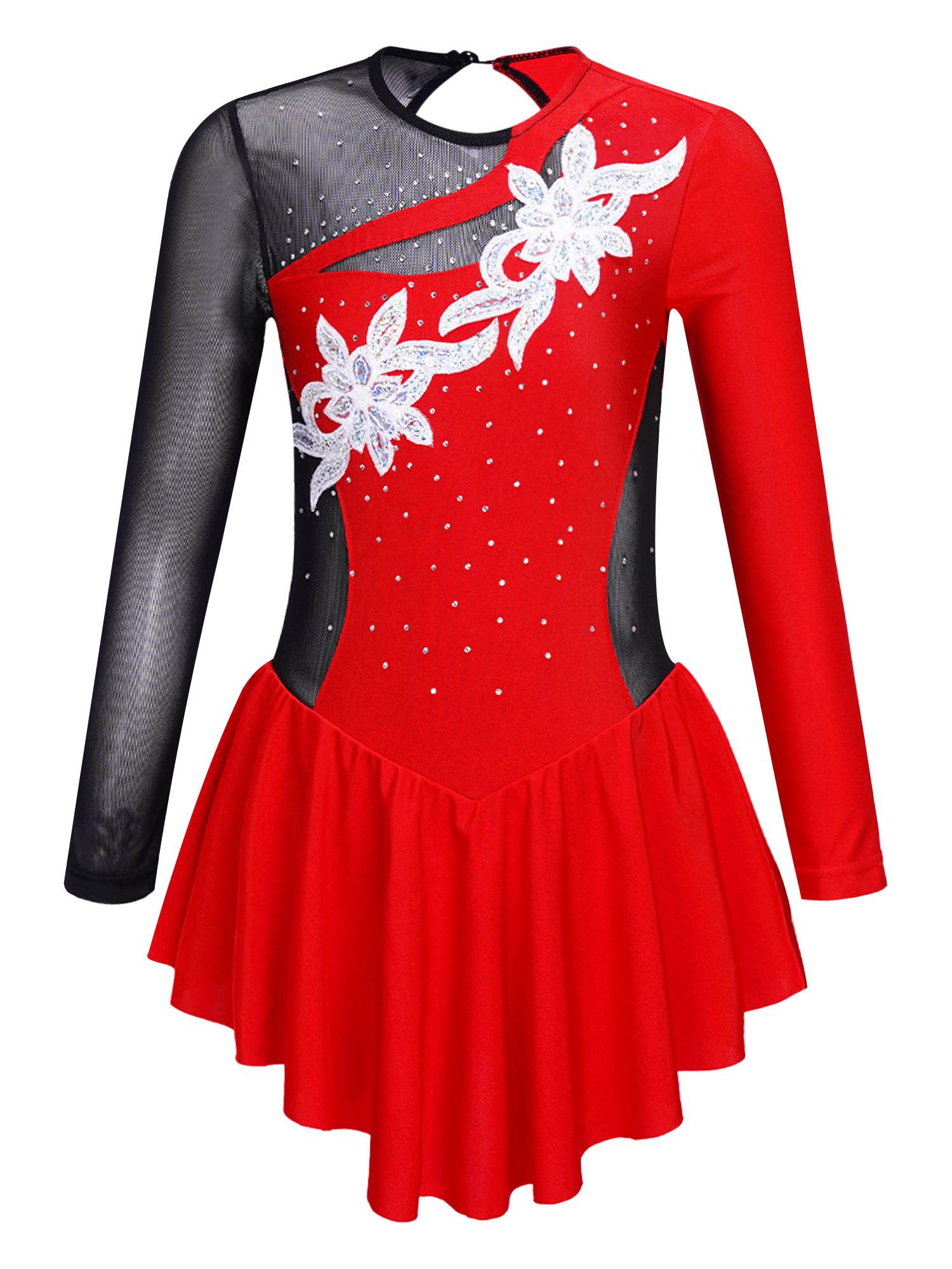 Kids Girls Long Sleeve Sequins Rhinestone Skating Dance Dress