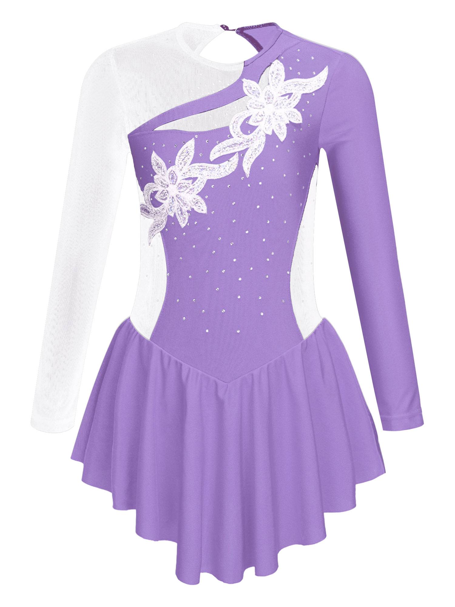 Kids Girls Long Sleeve Sequins Rhinestone Skating Dance Dress