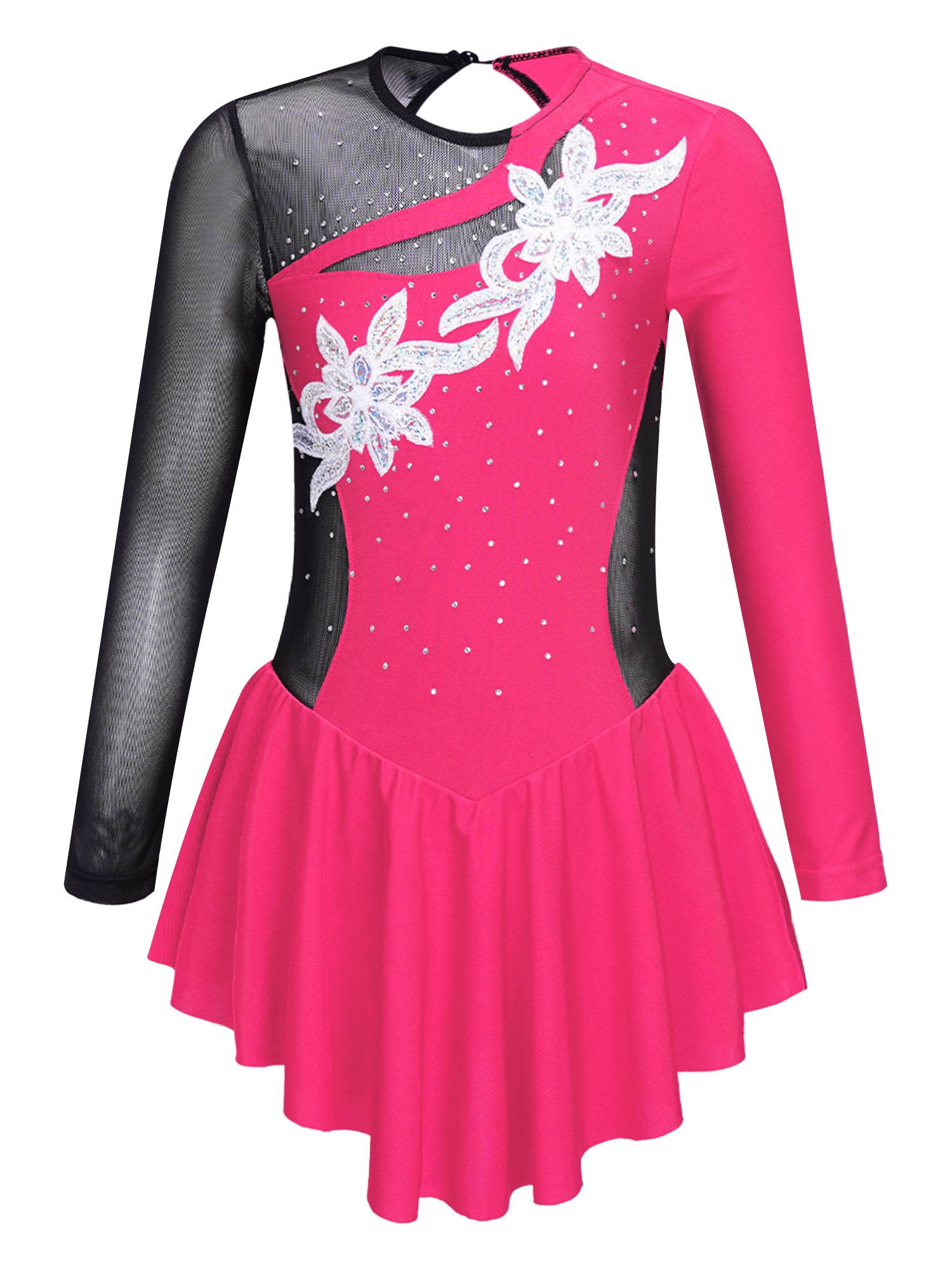 Kids Girls Long Sleeve Sequins Rhinestone Skating Dance Dress