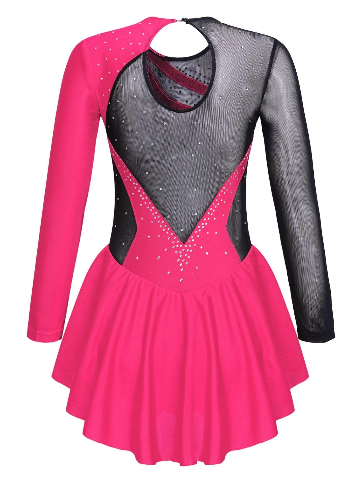 Kids Girls Long Sleeve Sequins Rhinestone Skating Dance Dress