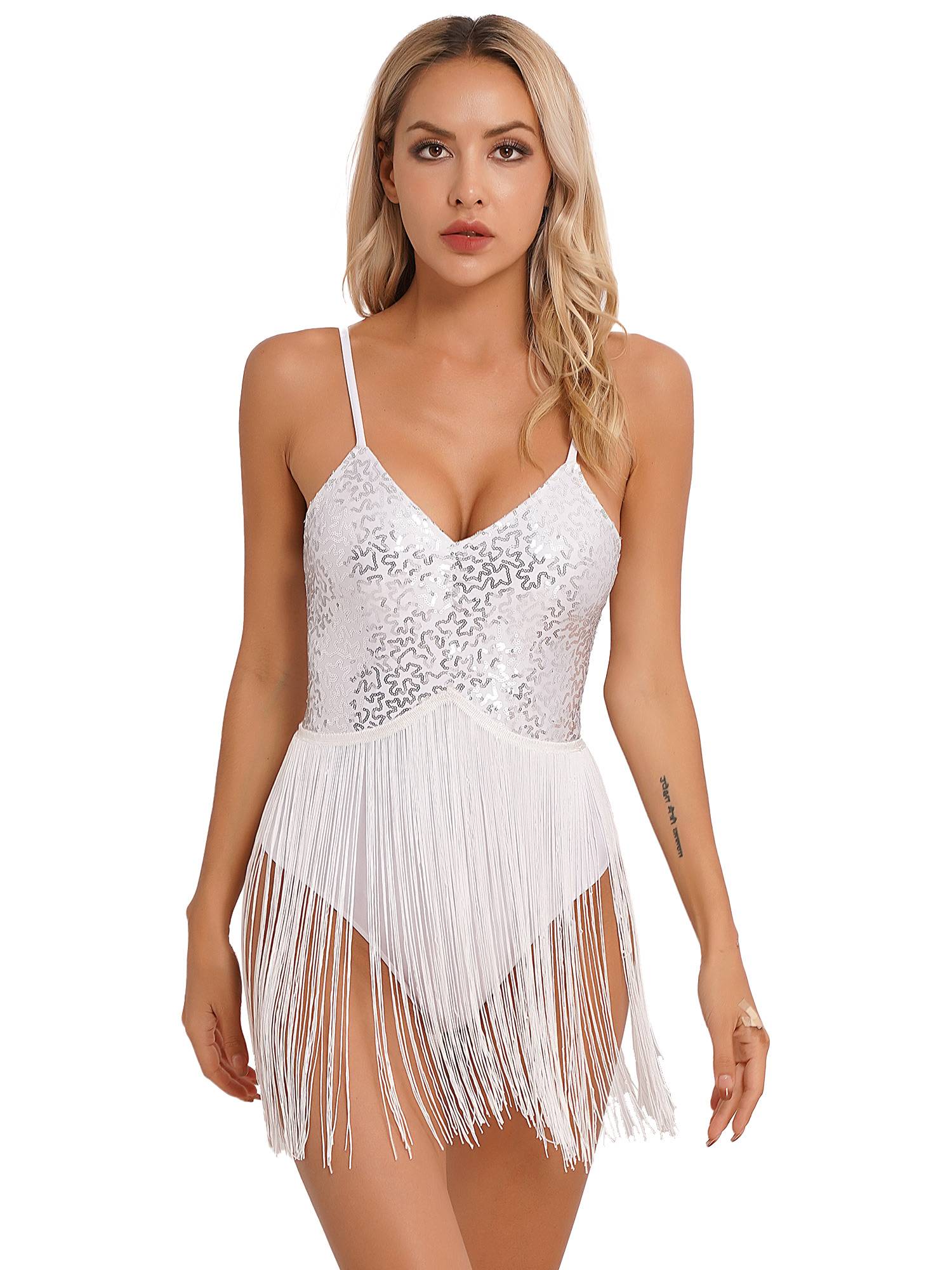 Women Straps Sequins Fringed Latin Dance Leotard