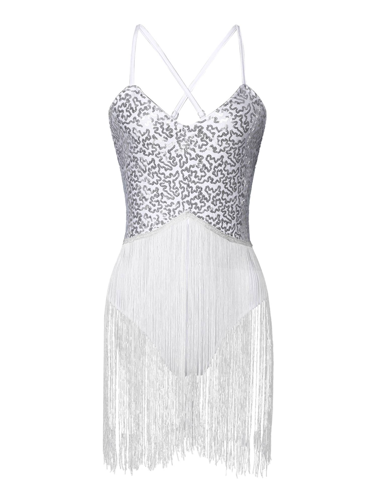 Women Straps Sequins Fringed Latin Dance Leotard