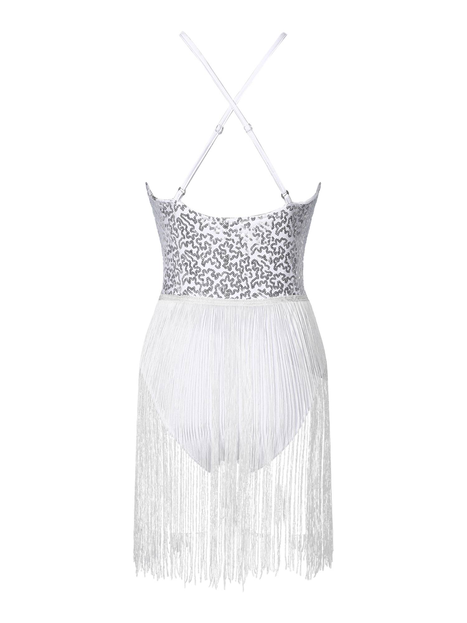 Women Straps Sequins Fringed Latin Dance Leotard