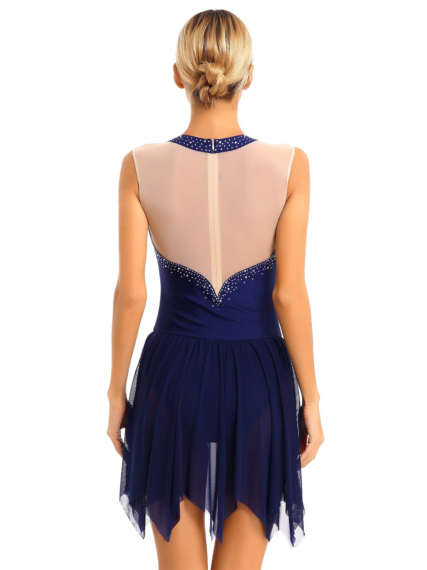 Women Glitter Rhinestone Sleeveless Figure Skating Leotard Dress