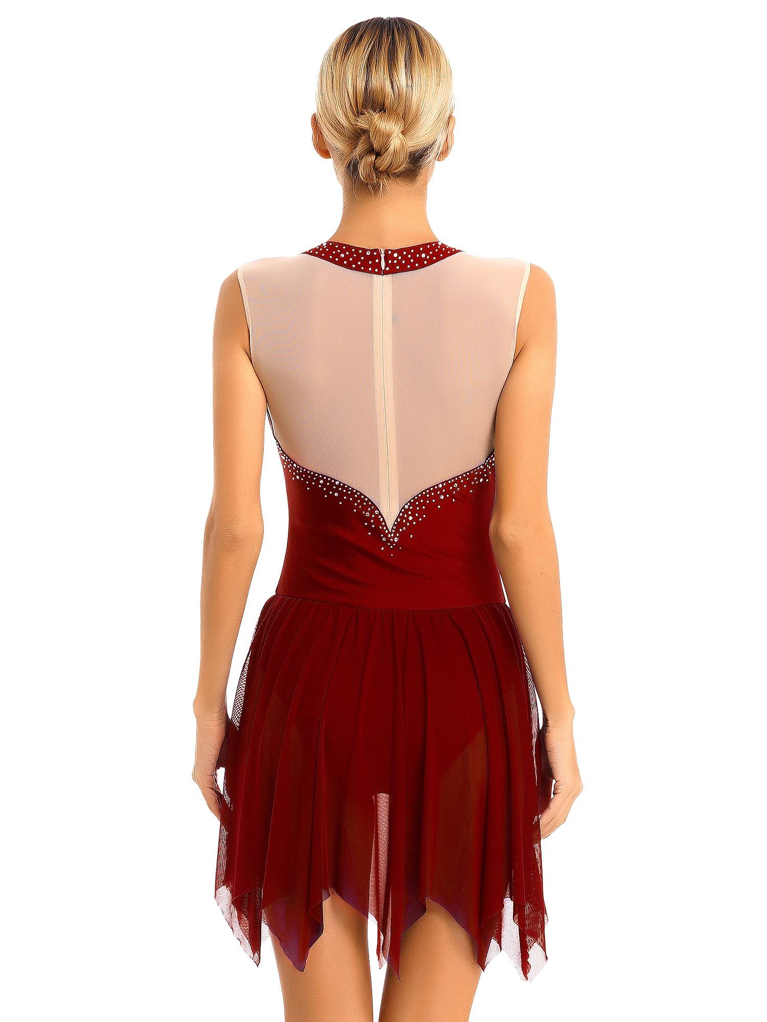 Women Glitter Rhinestone Sleeveless Figure Skating Leotard Dress