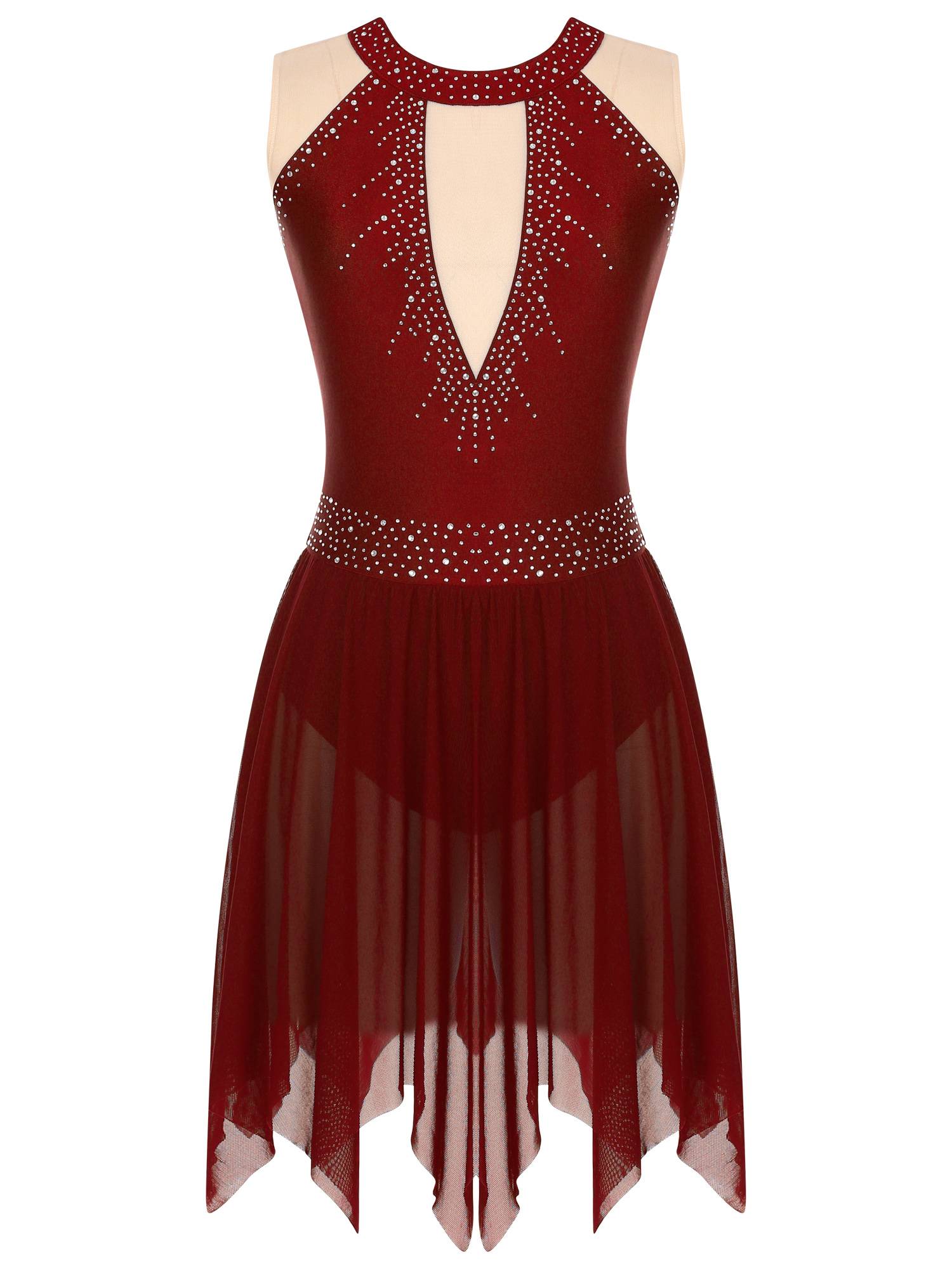 Women Glitter Rhinestone Sleeveless Figure Skating Leotard Dress