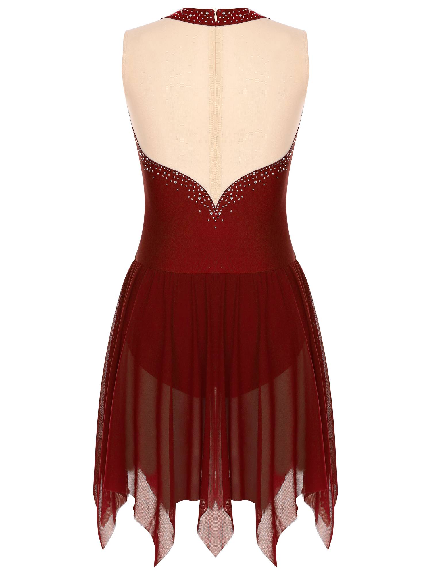 Women Glitter Rhinestone Sleeveless Figure Skating Leotard Dress