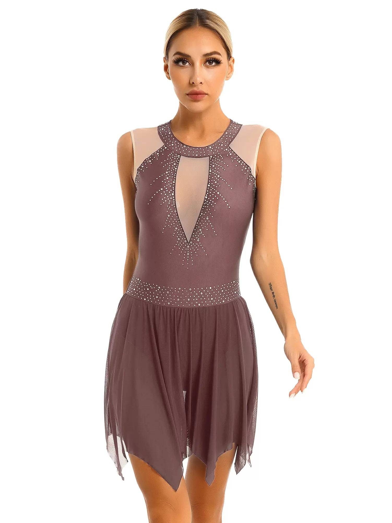 Women Glitter Rhinestone Sleeveless Figure Skating Leotard Dress