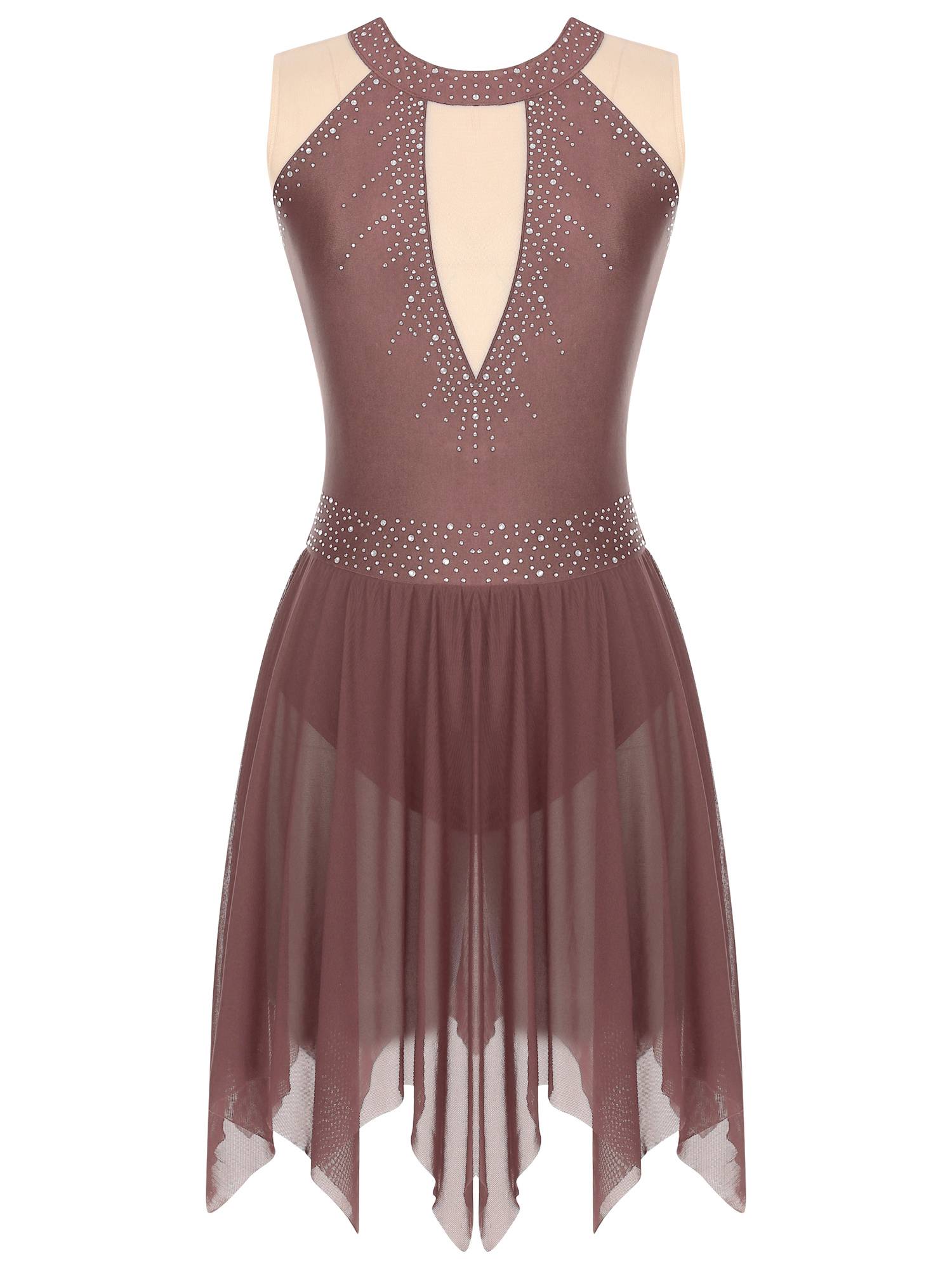 Women Glitter Rhinestone Sleeveless Figure Skating Leotard Dress