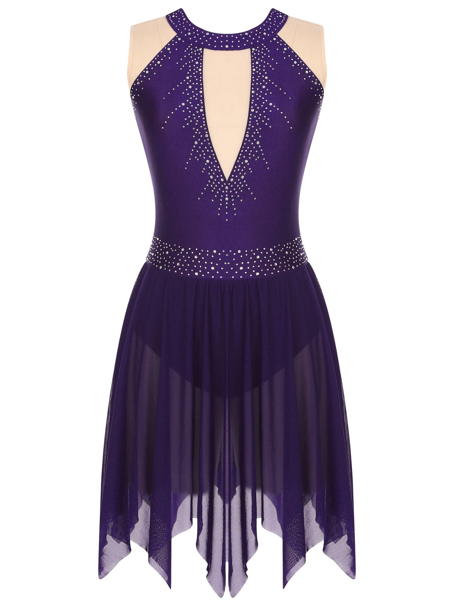 Women Glitter Rhinestone Sleeveless Figure Skating Leotard Dress