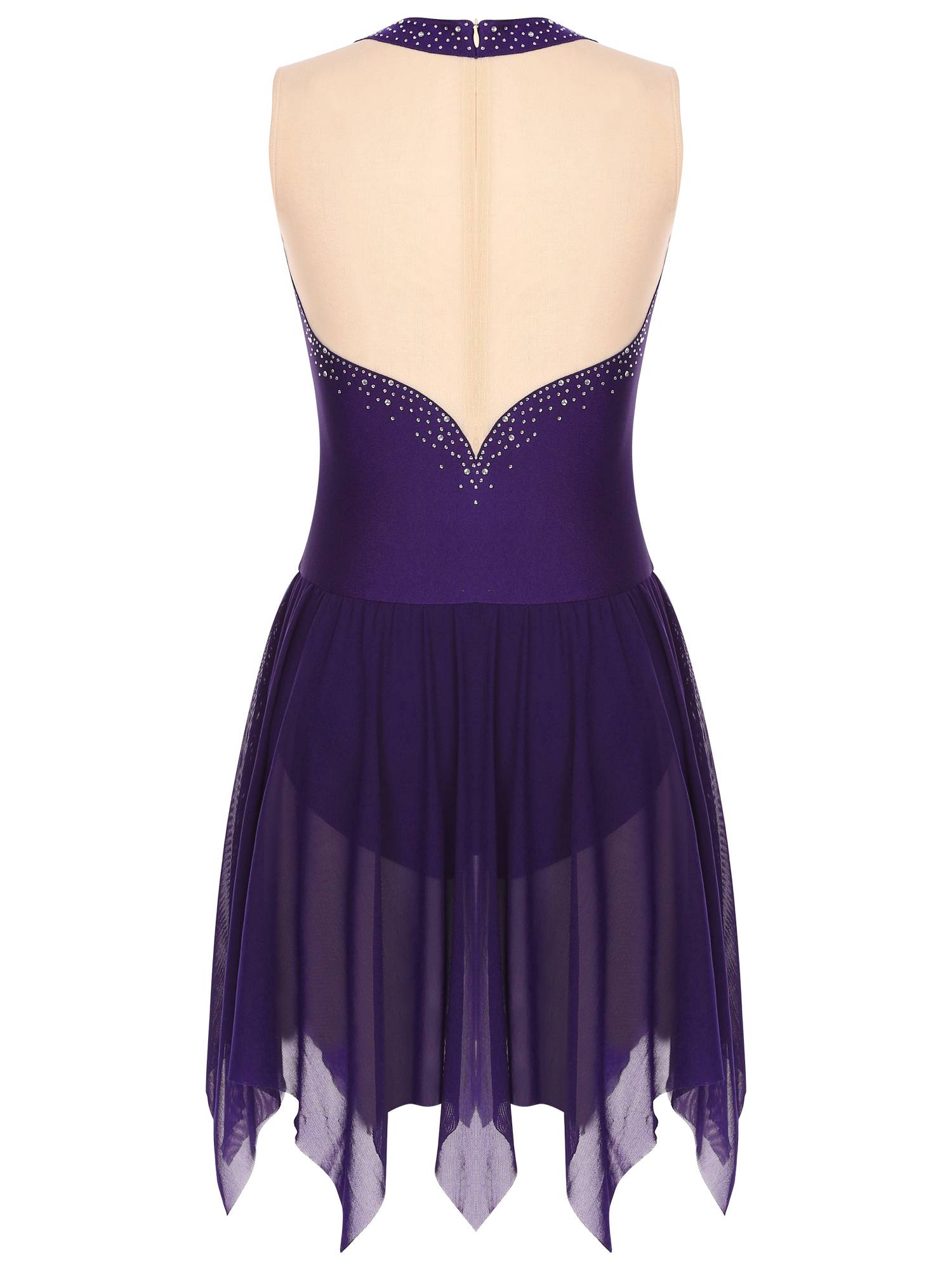 Women Glitter Rhinestone Sleeveless Figure Skating Leotard Dress