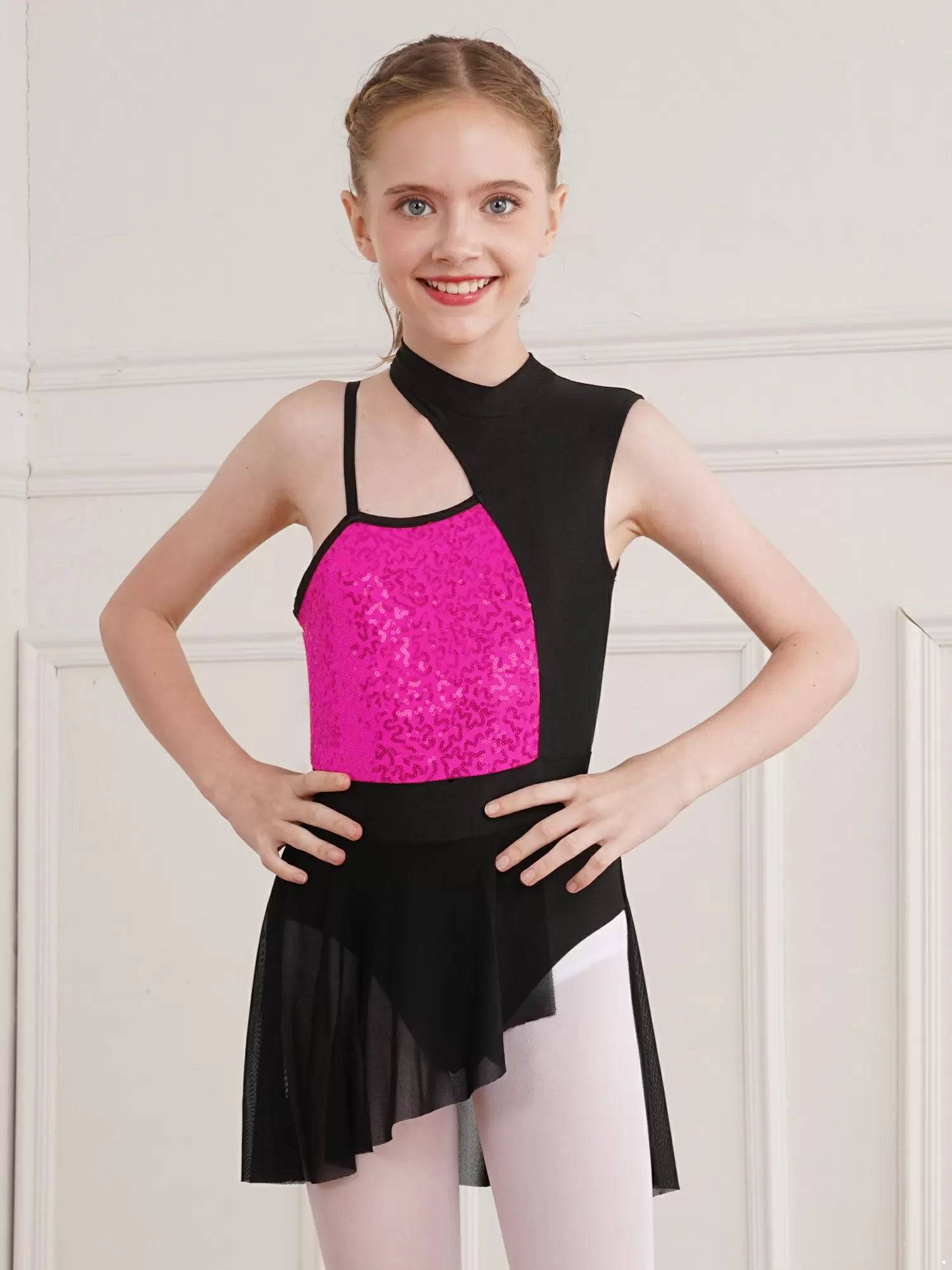 Kids Girls Sleeveless Sequins Mesh Lyrical Contemporary Dance Dress