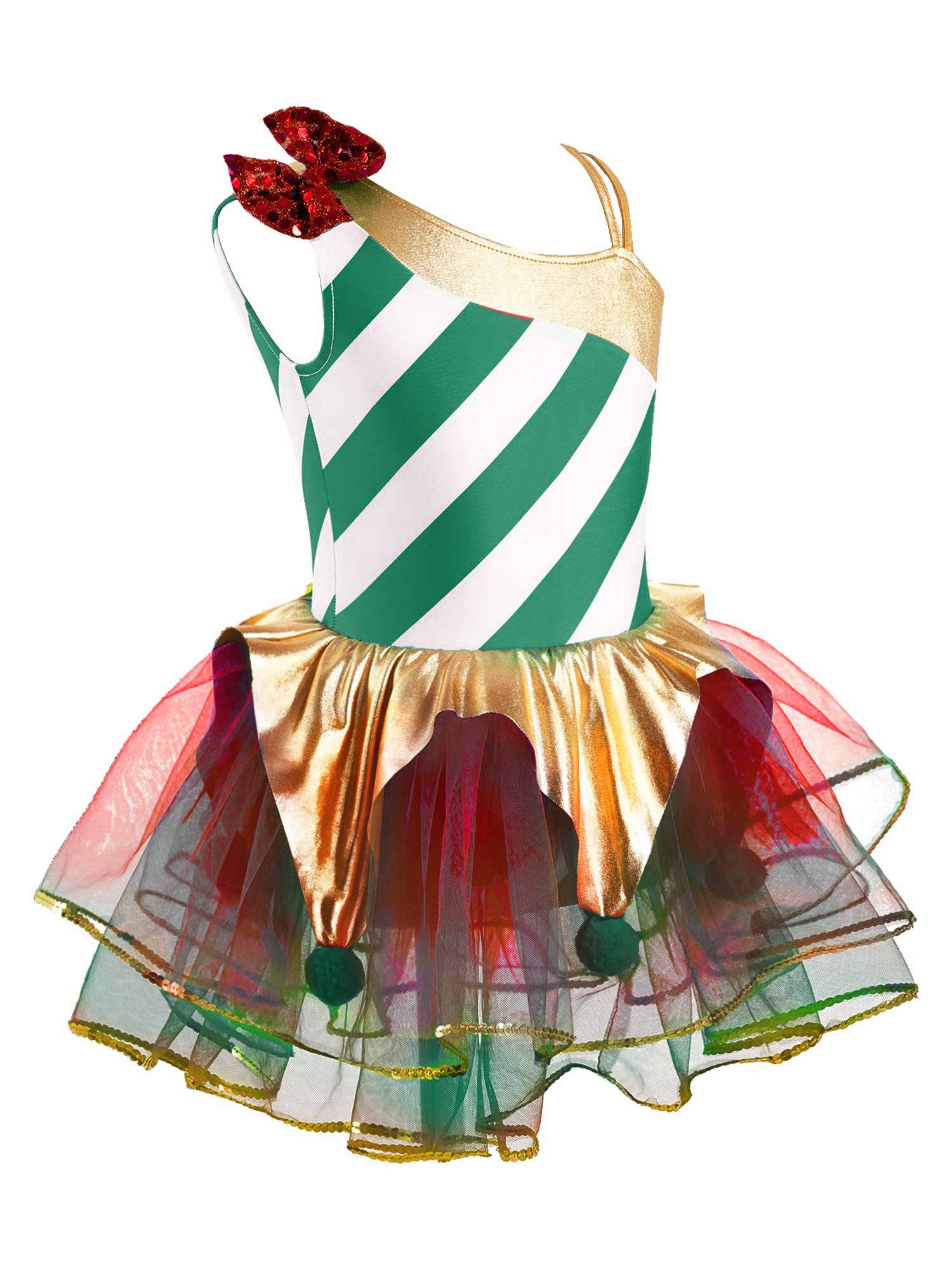 Kids Girls Christmas Sleeveless Asymmetrical Shoulder Stripes Mesh Tutu Dress