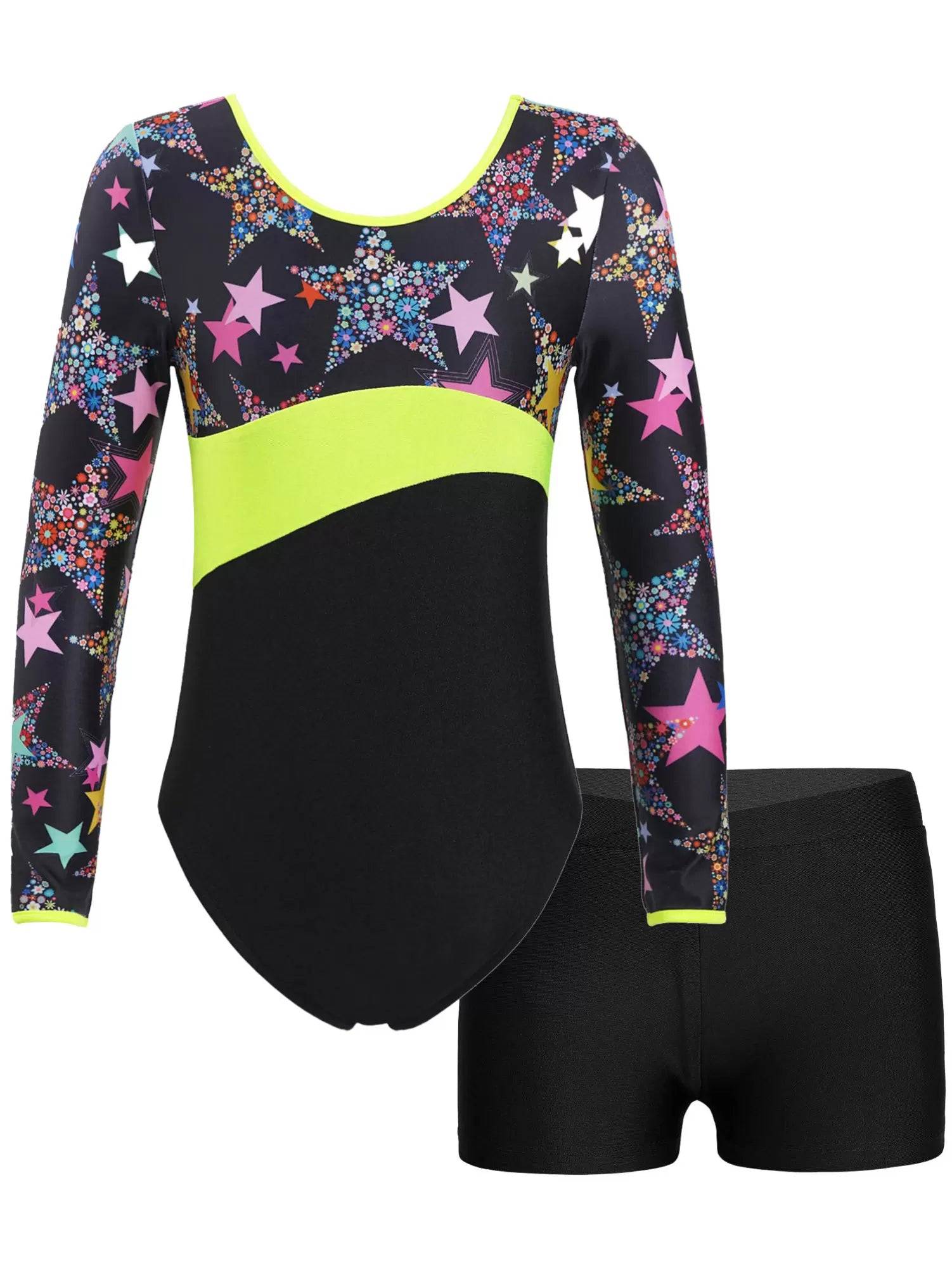 Kids Girls Long Sleeve Printed Leotard with Shorts Sports Sets