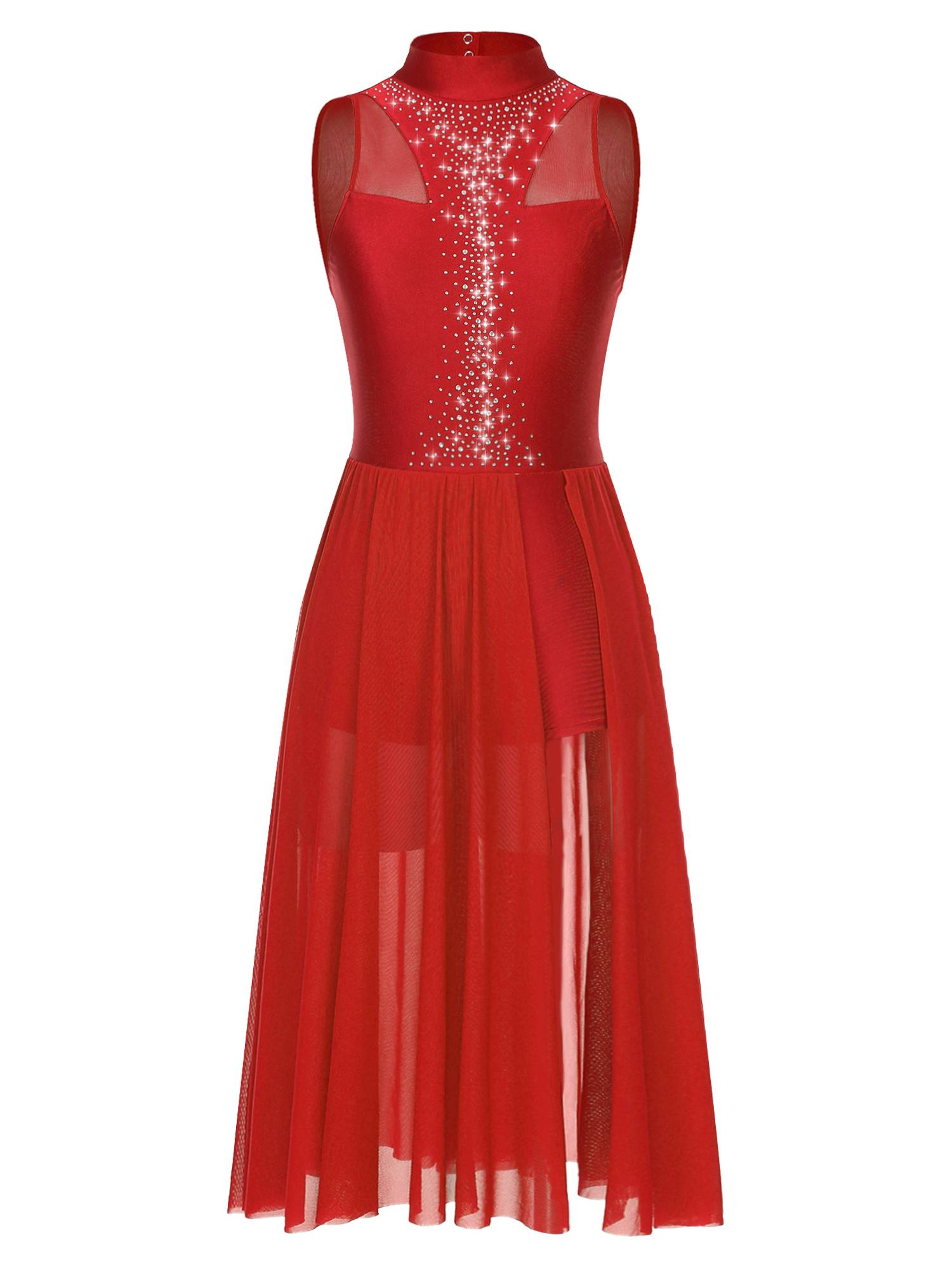 Women Sleeveless Sparkly Rhinestone Side Split Lyrical Dance Dresses