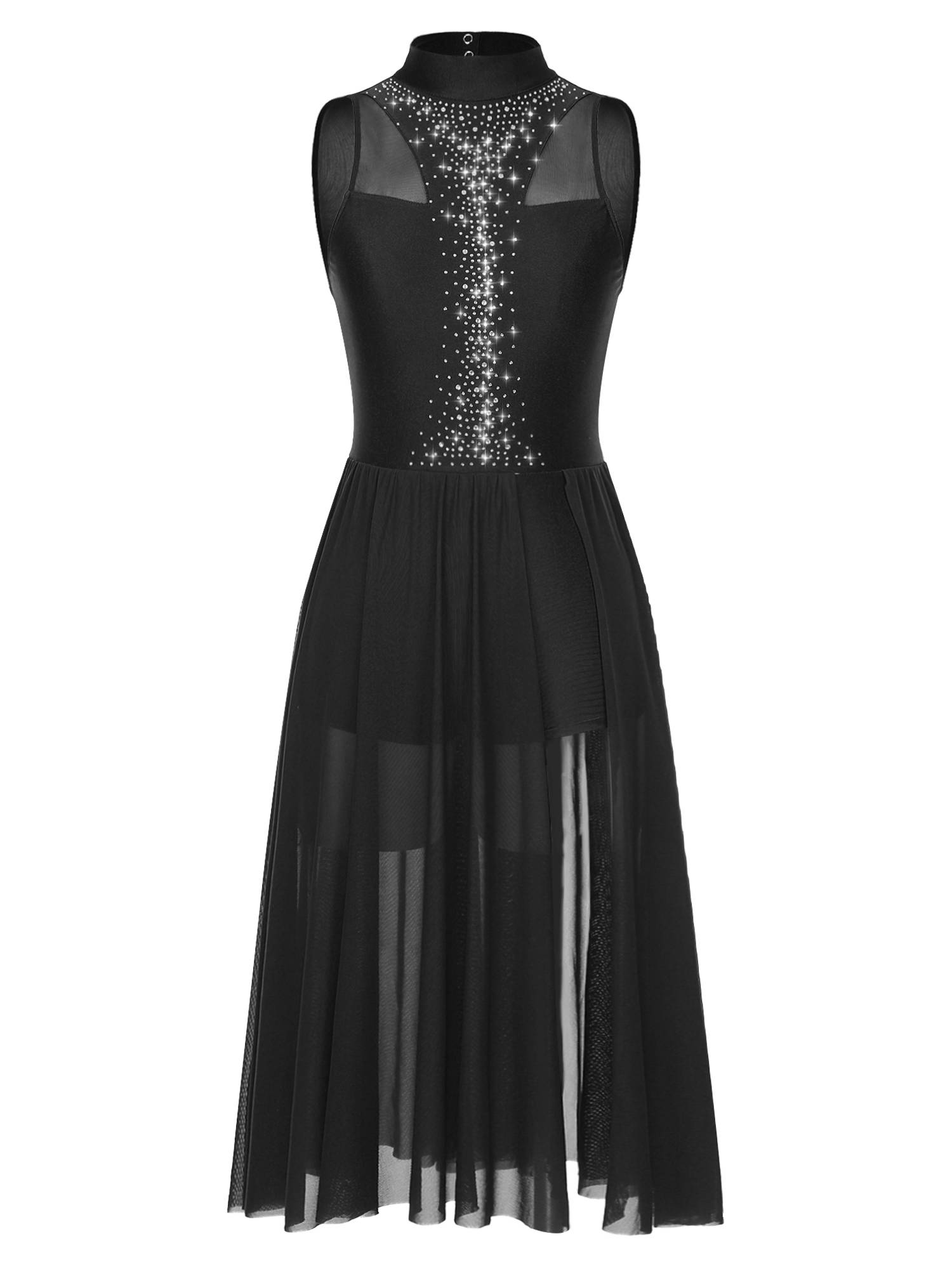 Women Sleeveless Sparkly Rhinestone Side Split Lyrical Dance Dresses