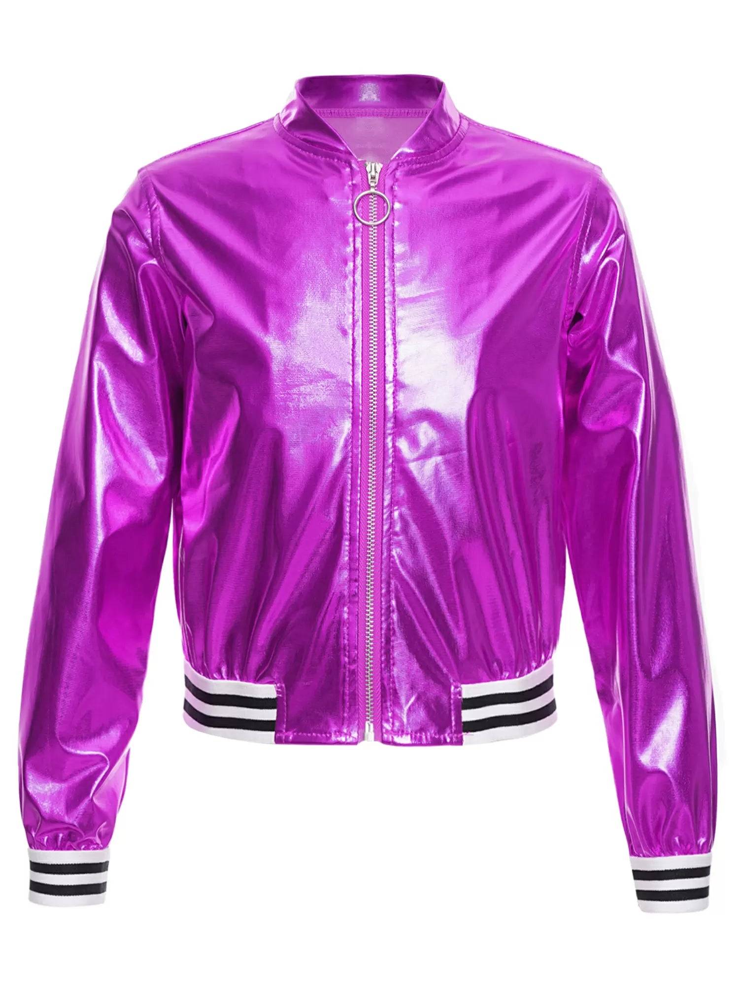 Kids Girls Glossy Long Sleeve Zipper Jacket Coat