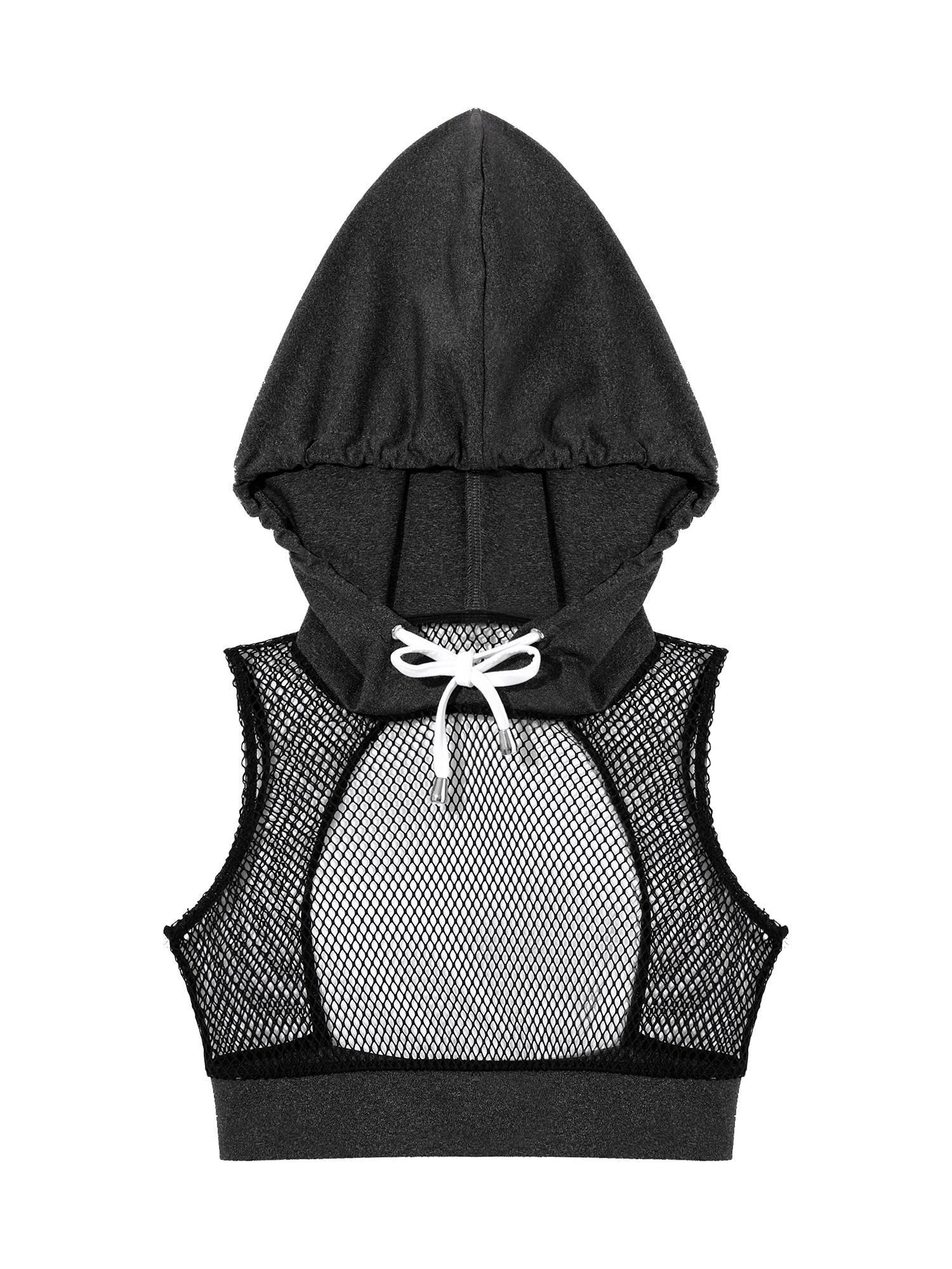 Kids Girls 3Pcs Camisole Mesh Hooded Crop Top and Pants Sport Sets