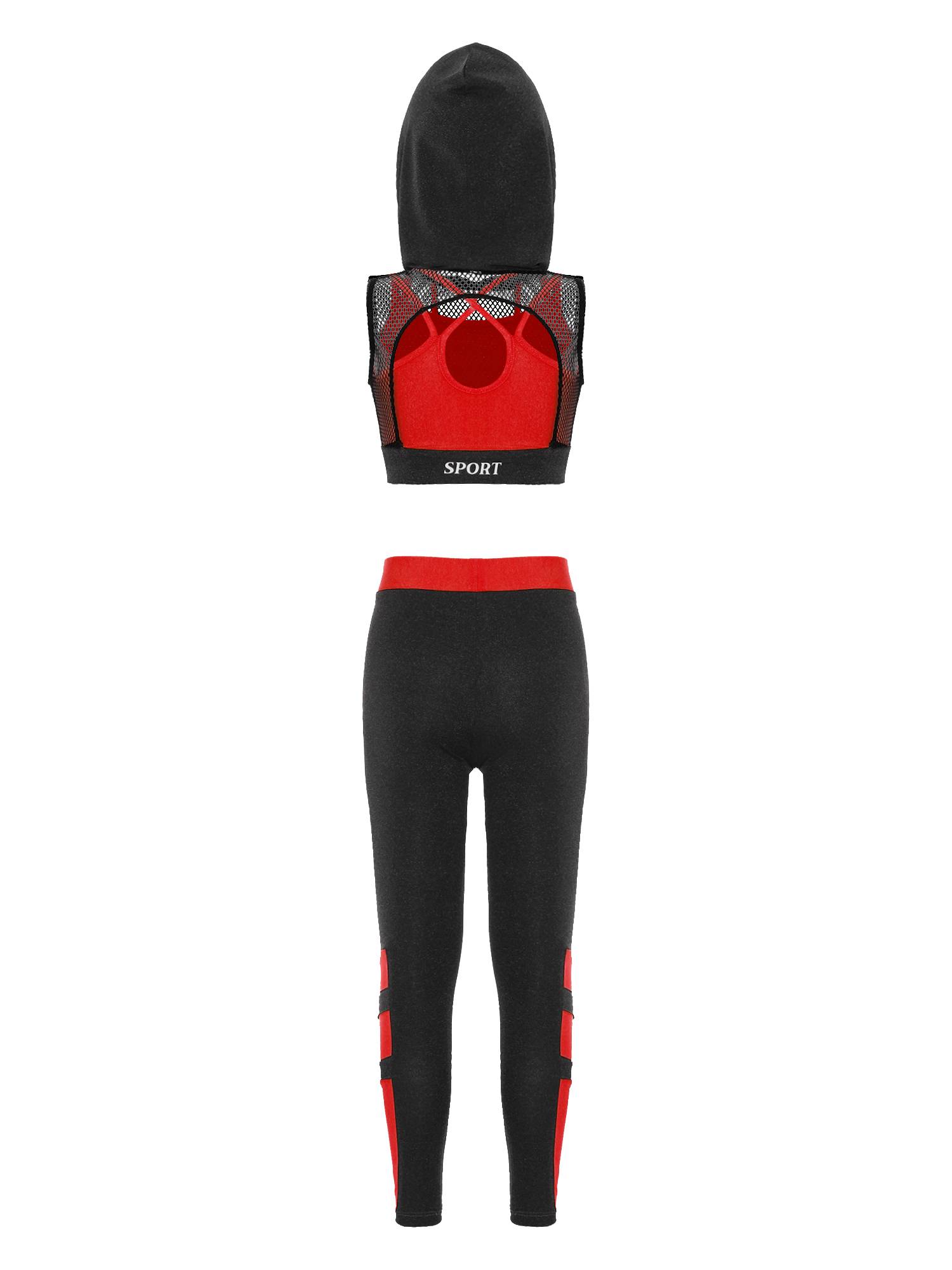 Kids Girls 3Pcs Camisole Mesh Hooded Crop Top and Pants Sport Sets