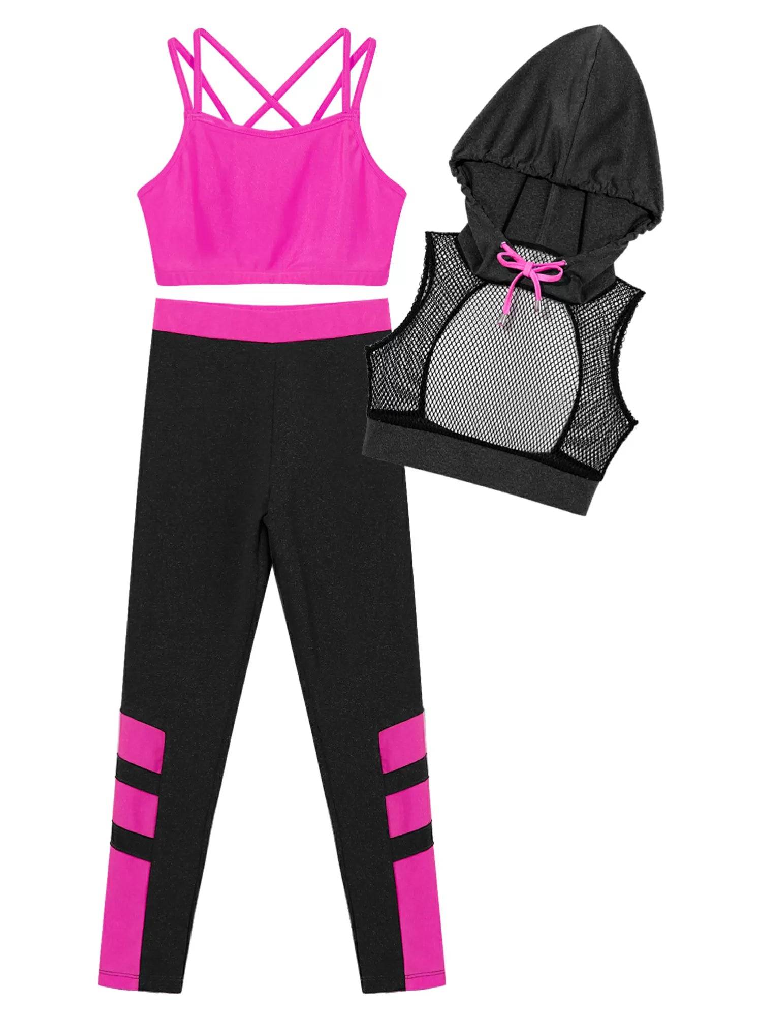 Kids Girls 3Pcs Camisole Mesh Hooded Crop Top and Pants Sport Sets