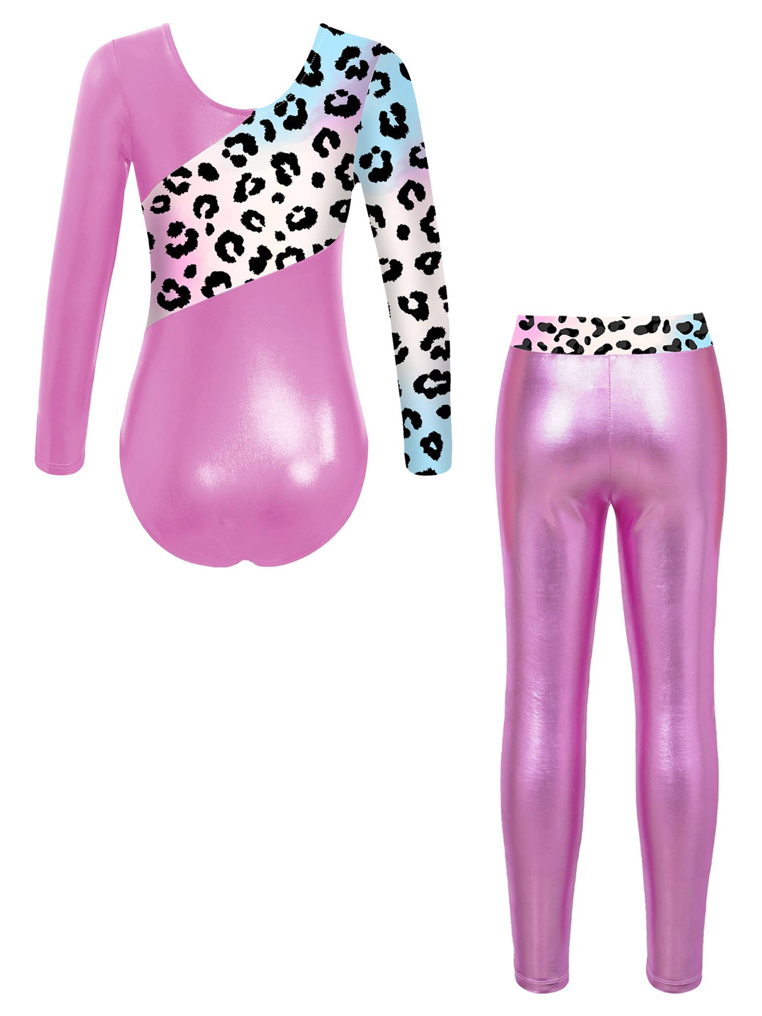 Kids Girls 2pcs Long Sleeve Leotard with Metallic Shiny Leggings Sets