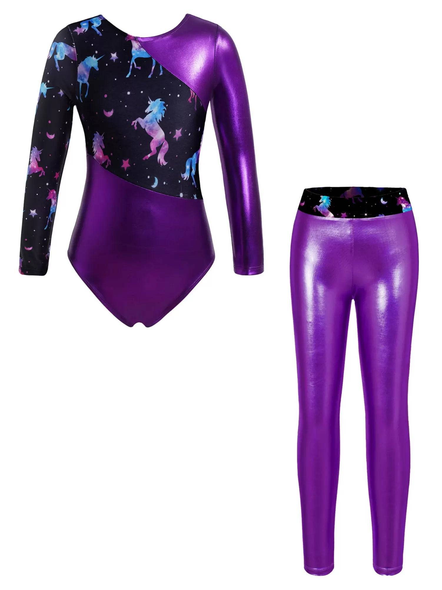 Kids Girls 2pcs Long Sleeve Leotard with Metallic Shiny Leggings Sets
