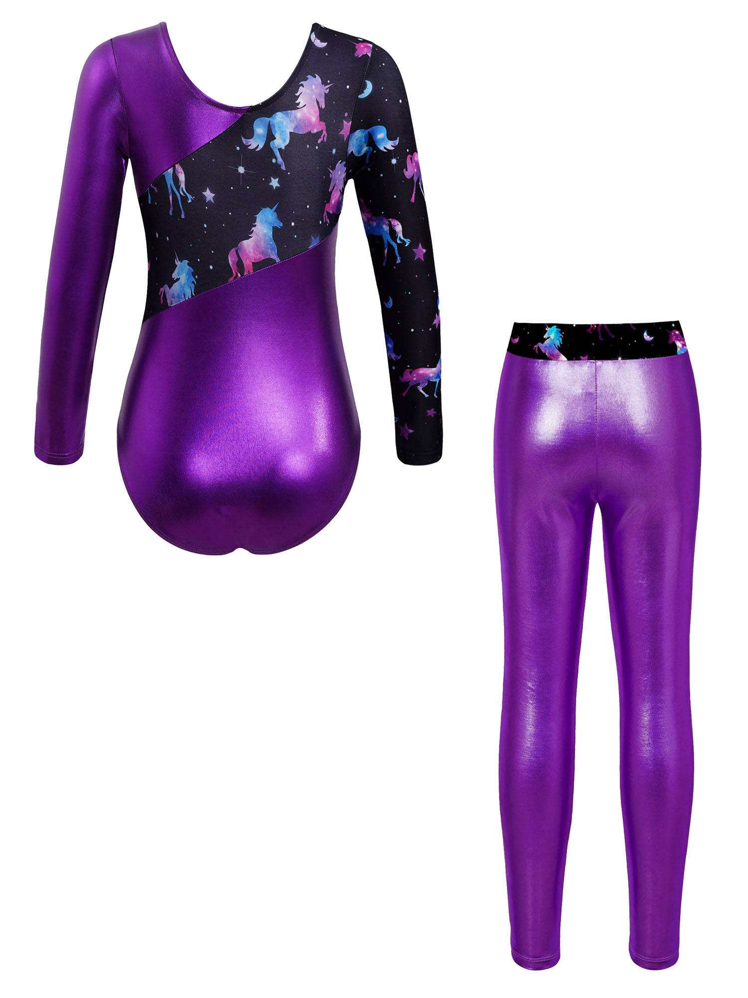 Kids Girls 2pcs Long Sleeve Leotard with Metallic Shiny Leggings Sets
