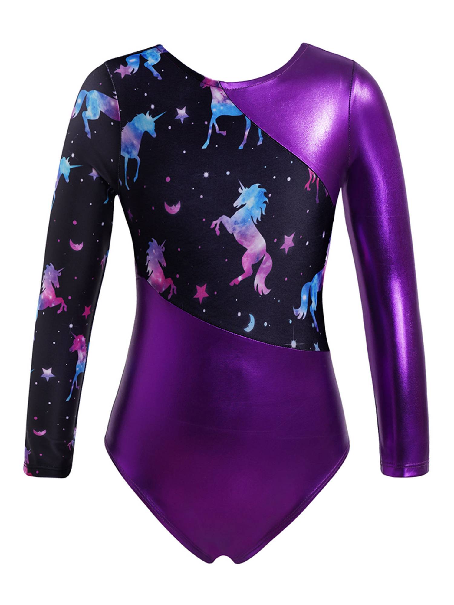 Kids Girls 2pcs Long Sleeve Leotard with Metallic Shiny Leggings Sets