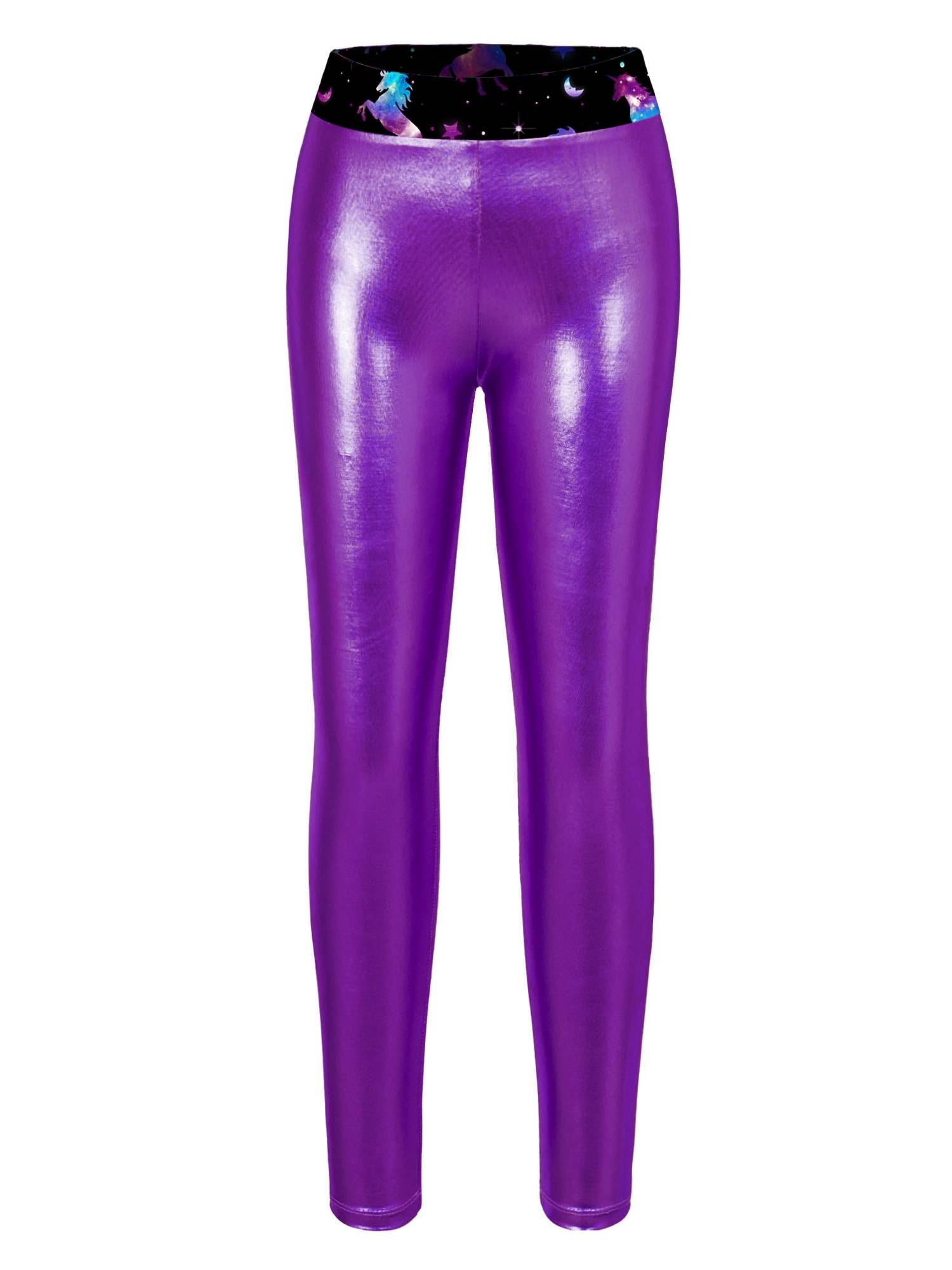 Kids Girls 2pcs Long Sleeve Leotard with Metallic Shiny Leggings Sets