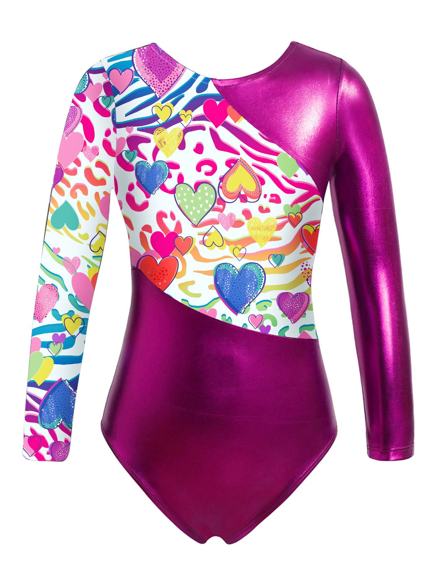 Kids Girls 2pcs Long Sleeve Leotard with Metallic Shiny Leggings Sets