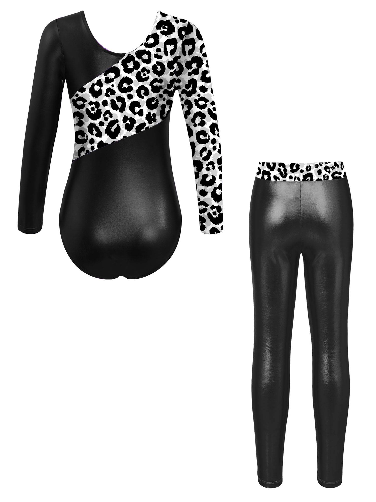 Kids Girls 2pcs Long Sleeve Leotard with Metallic Shiny Leggings Sets