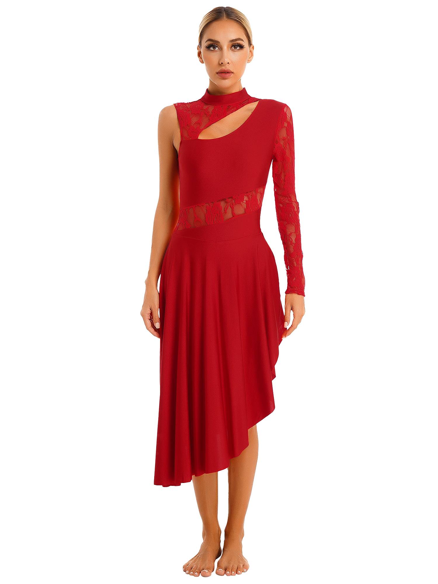 Women One Shoulder Lace and Mesh Side Slit Lyrical Dresses