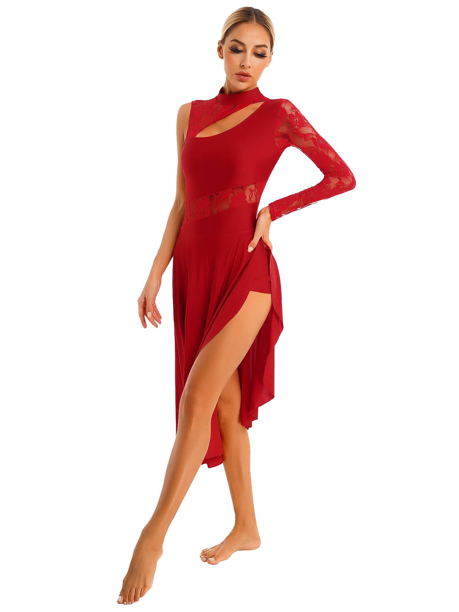 Women One Shoulder Lace and Mesh Side Slit Lyrical Dresses