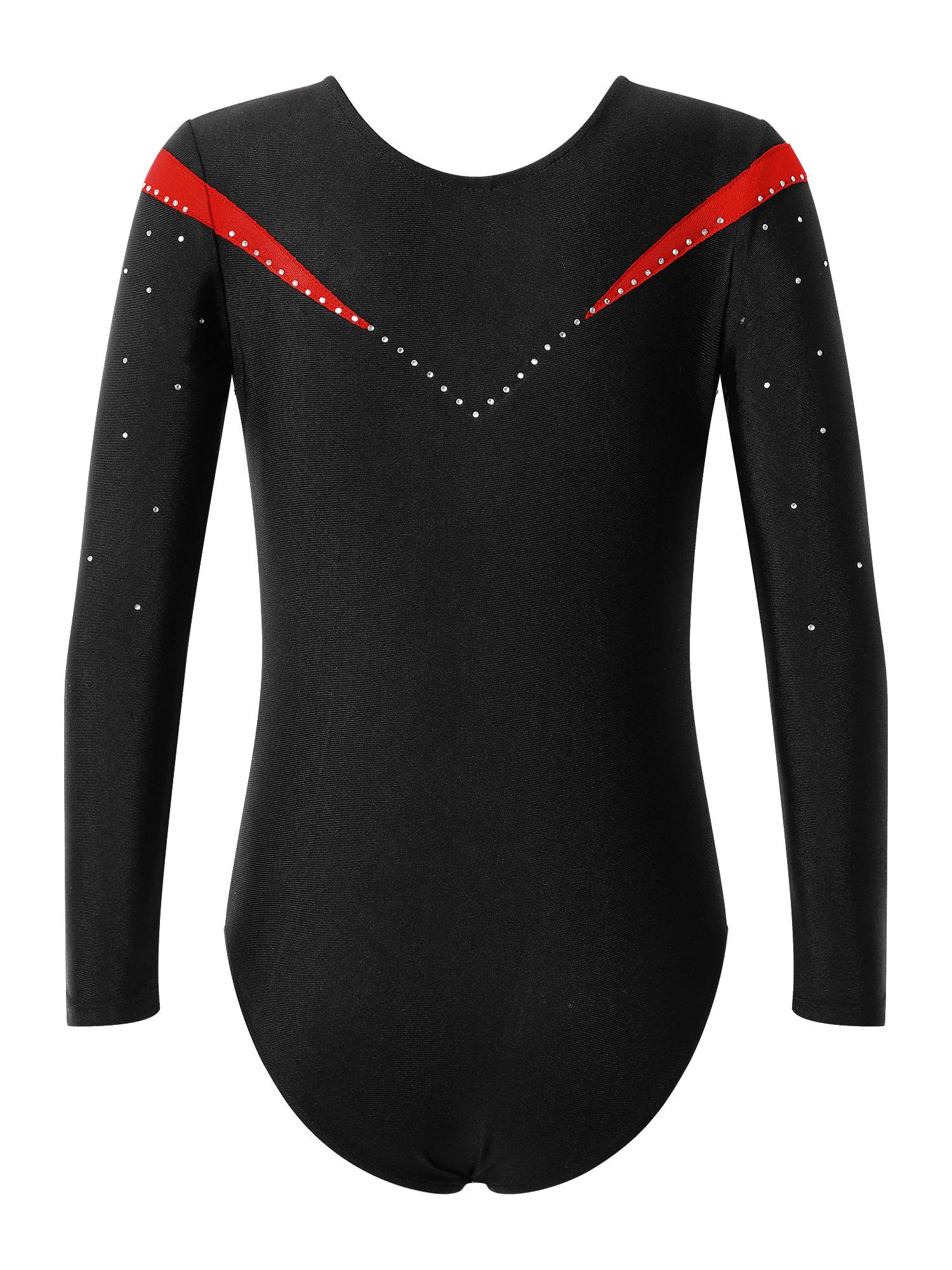 Kids Girls Long Sleeve V Neck Rhinestone Gymnastic Leotard