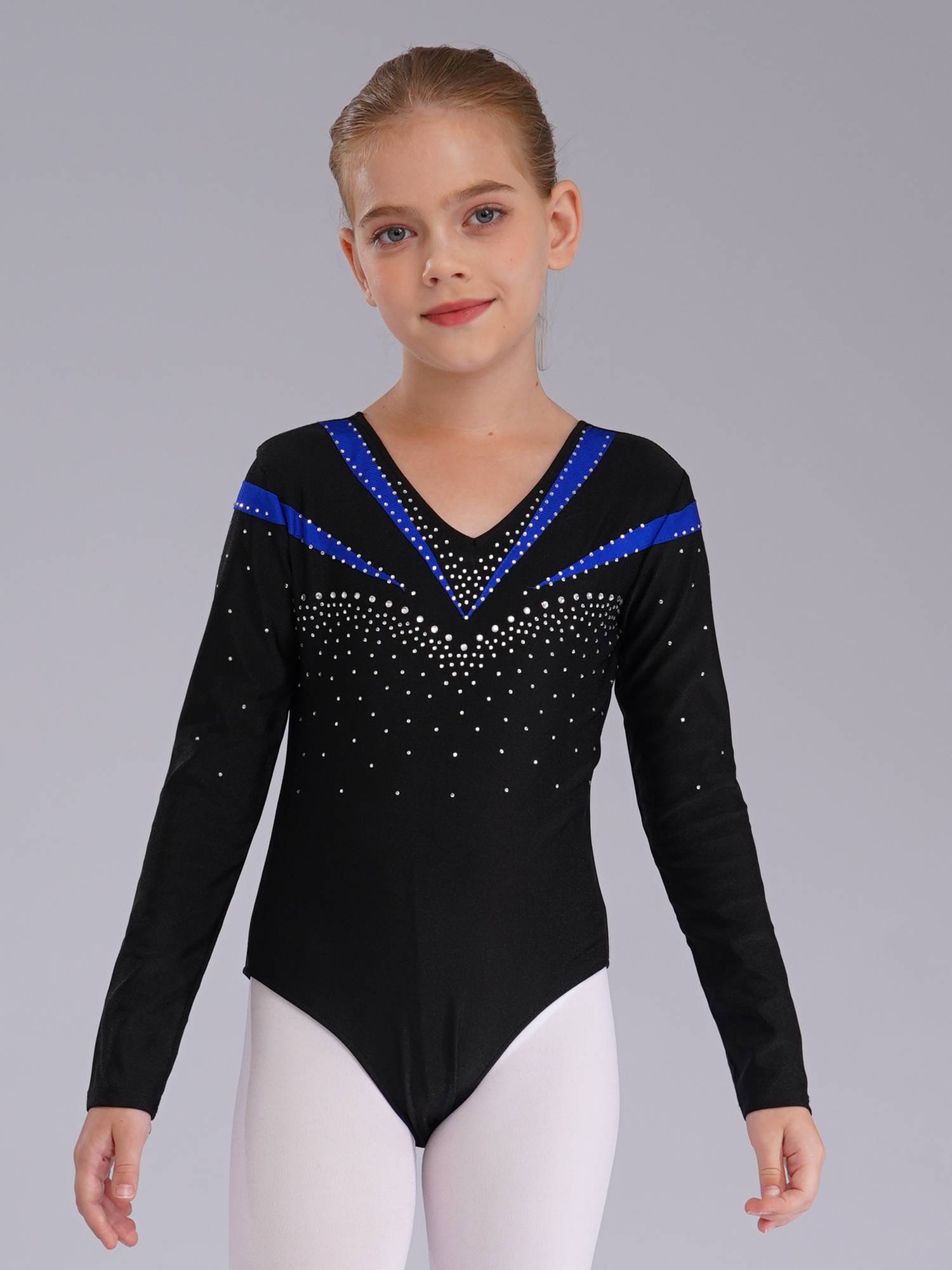 Kids Girls Long Sleeve V Neck Rhinestone Gymnastic Leotard